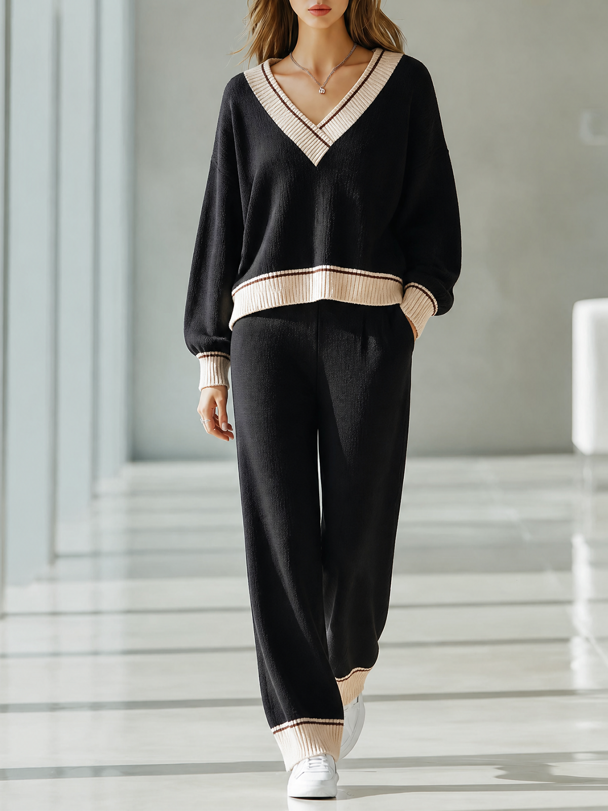 Black V-Neck Contrast Trim Long-sleeve Sweater Wide Leg Pants Knit Two Piece Set