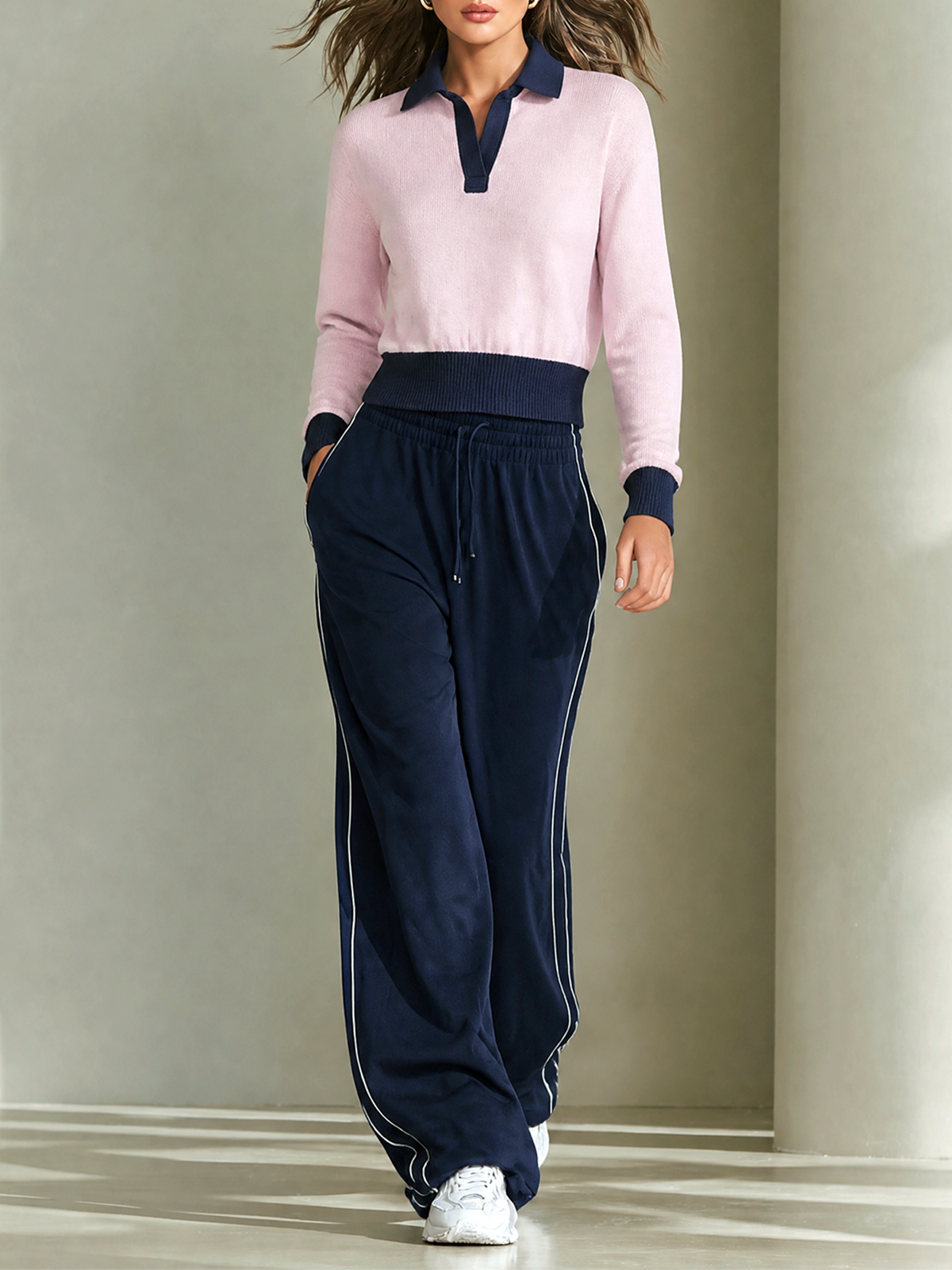 Pink-Navy Blue Color-block Lapel V-Neck Long-sleeve Sweater Wide Leg Pants Two Piece Set