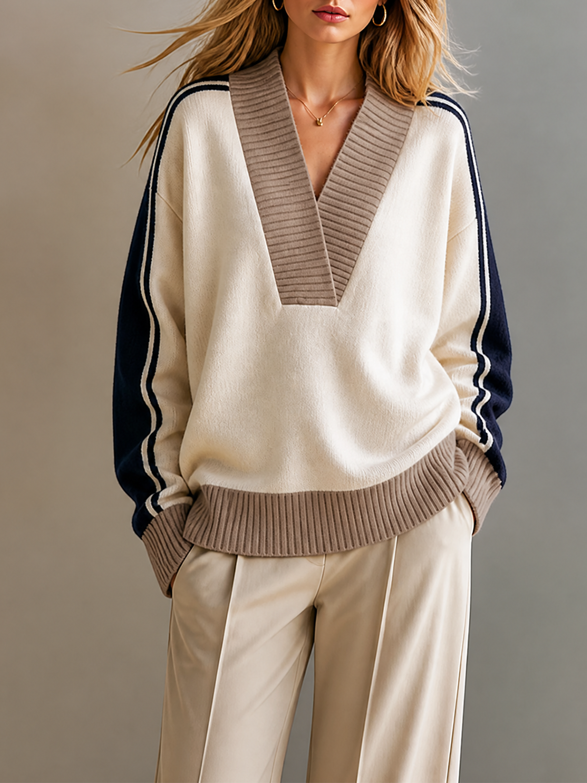 Off White-Navy Blue Color-block Deep V-Neck Long-Sleeve Loose-Fit Knit Sweater