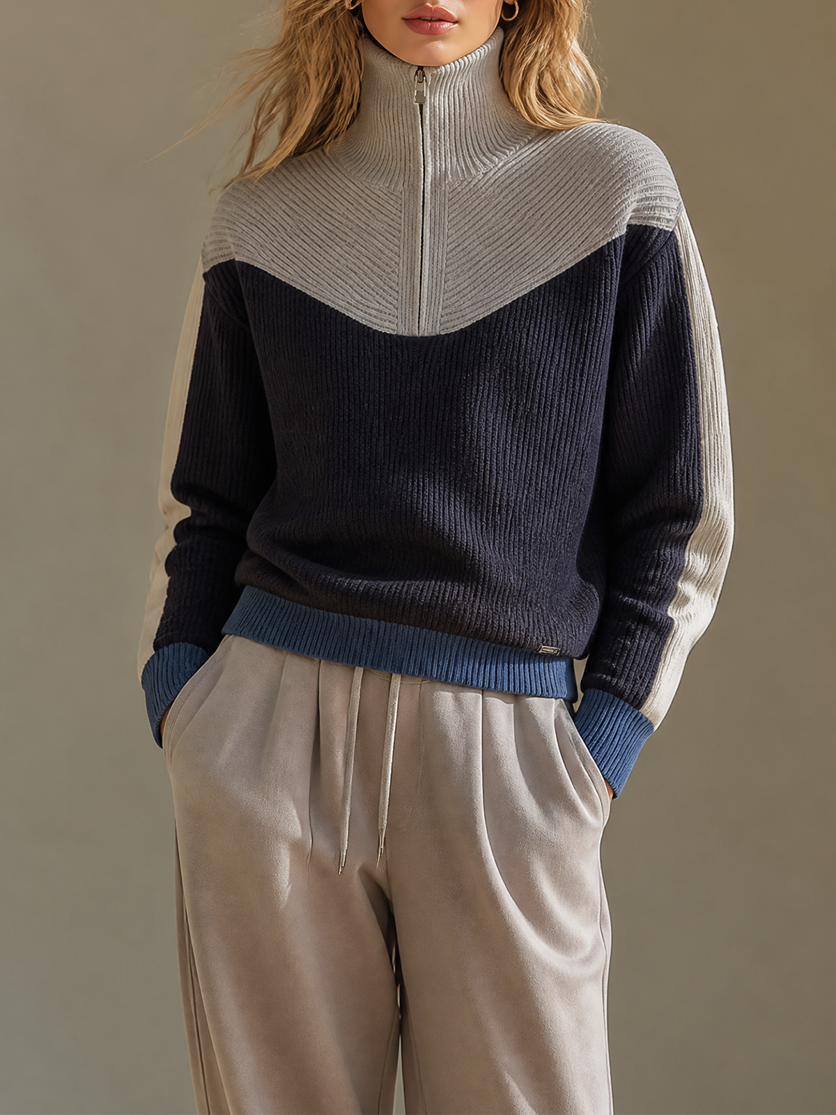 Navy Blue-Gray Color-block Half Zip Turtleneck Long-Sleeve Loose-Fit Knit Sweater