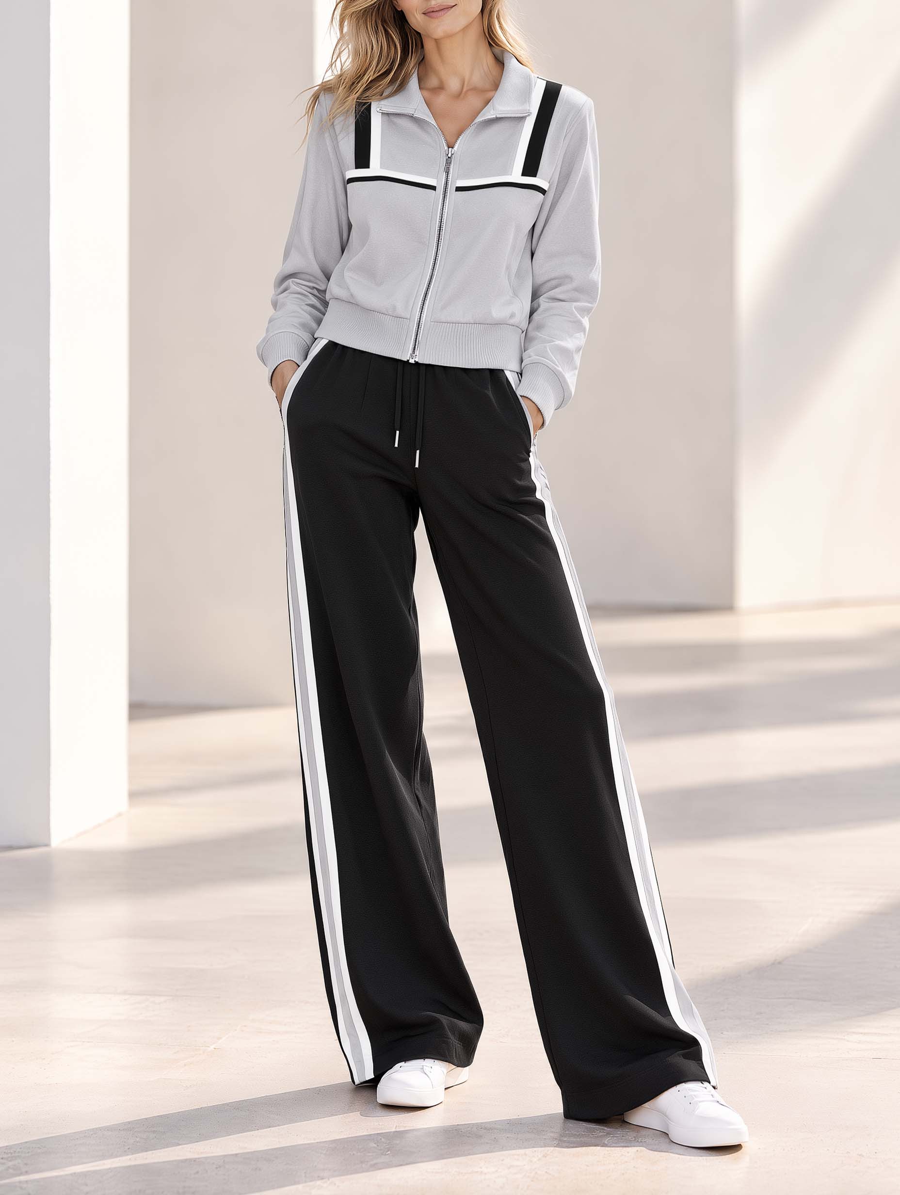 Stylish And Versatile Grey Color-block Long-sleeve Jacket And Black Trousers Set