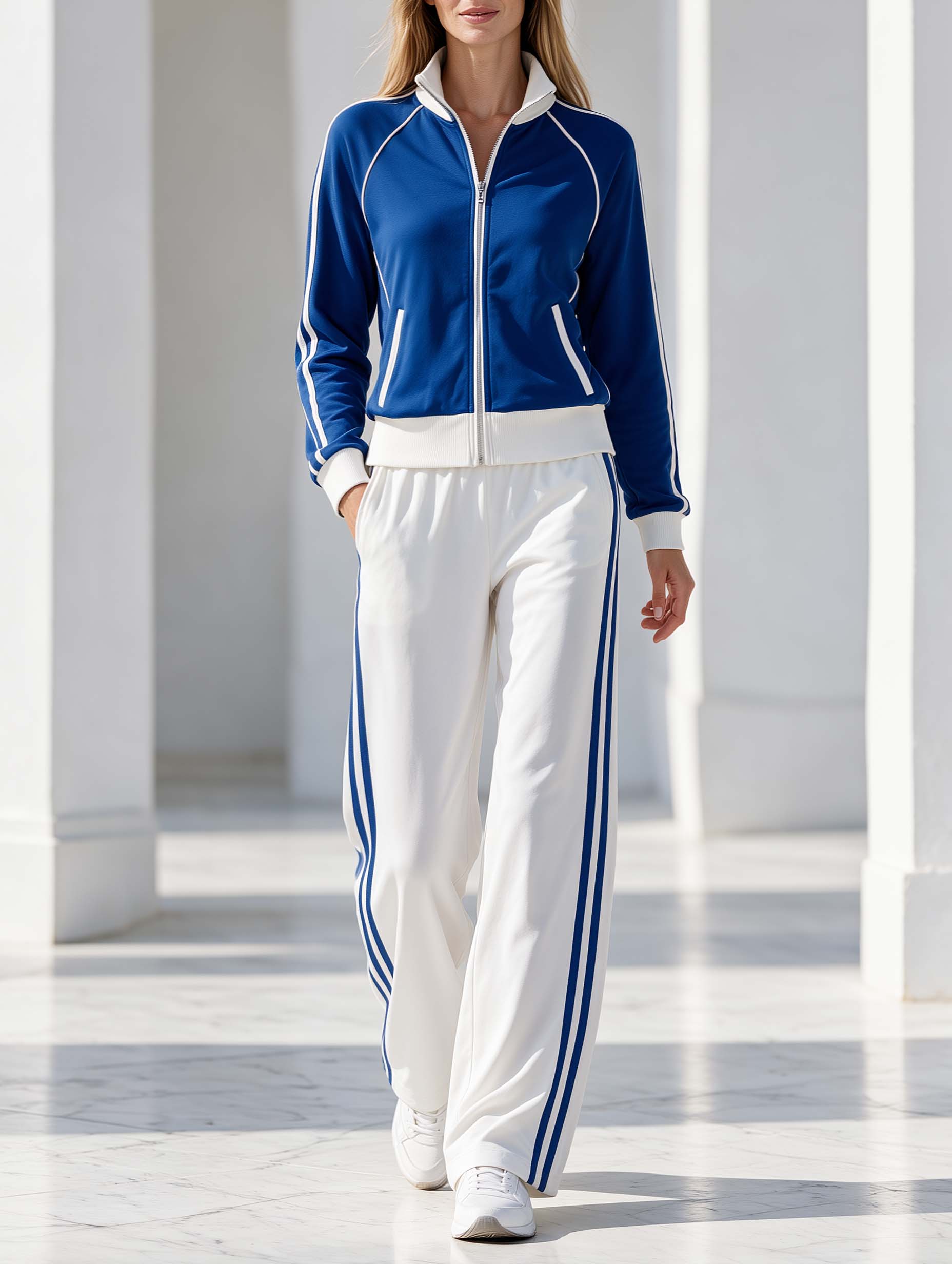 Athleisure-style Blue And White Color-block Long-sleeve Jacket And Pants Set