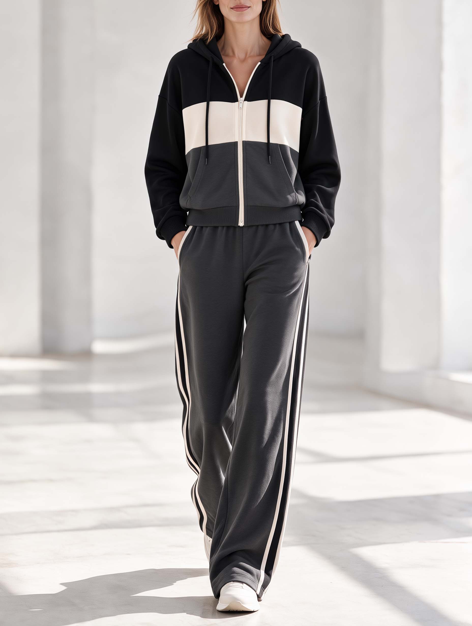 Dark Grey Long-sleeved Hooded Jacket And Trousers Set With Decorative Paneling
