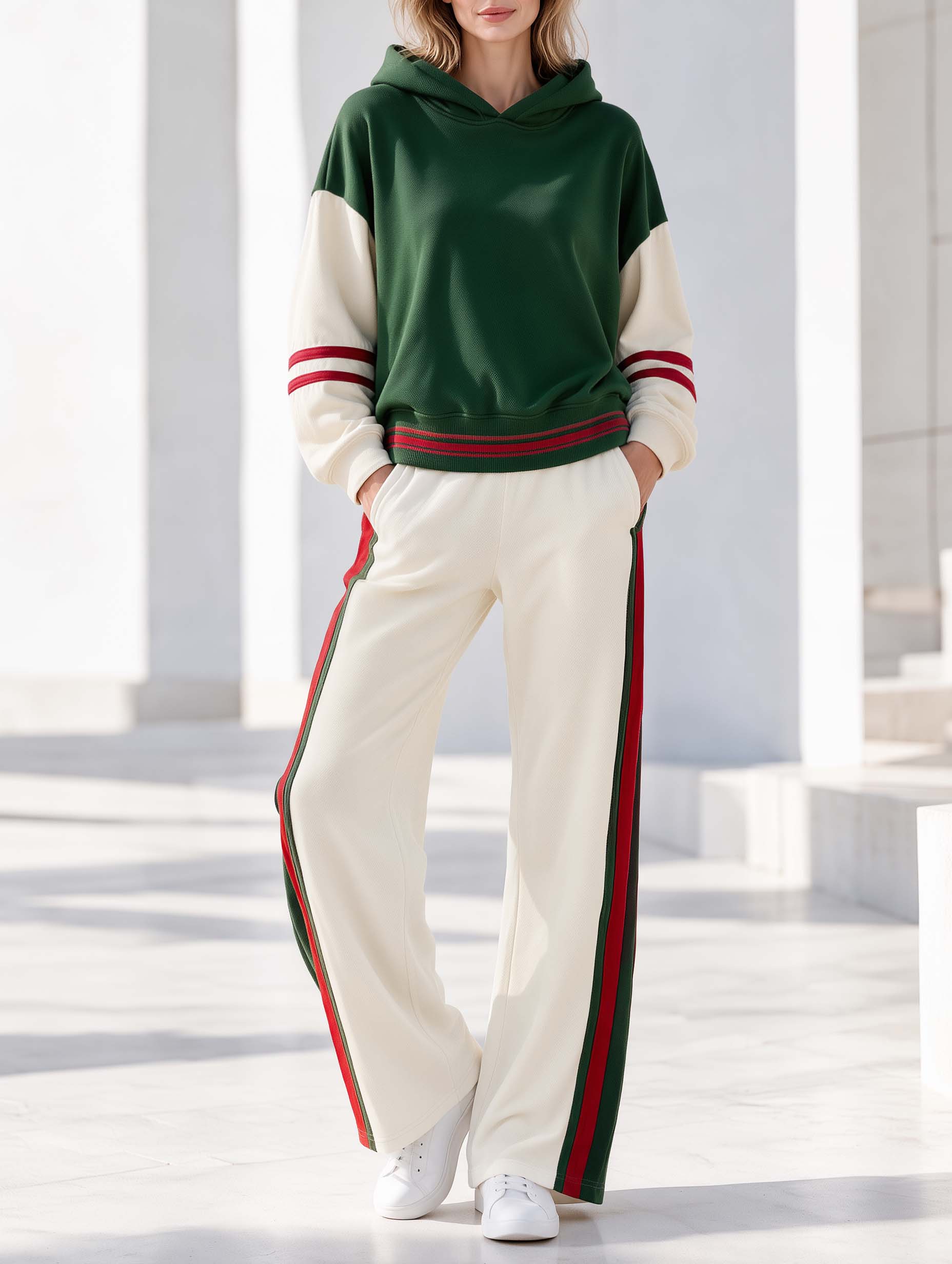 Green And White Color-block Long-sleeve Hooded Sweatshirt And White Wide-leg Pants Set