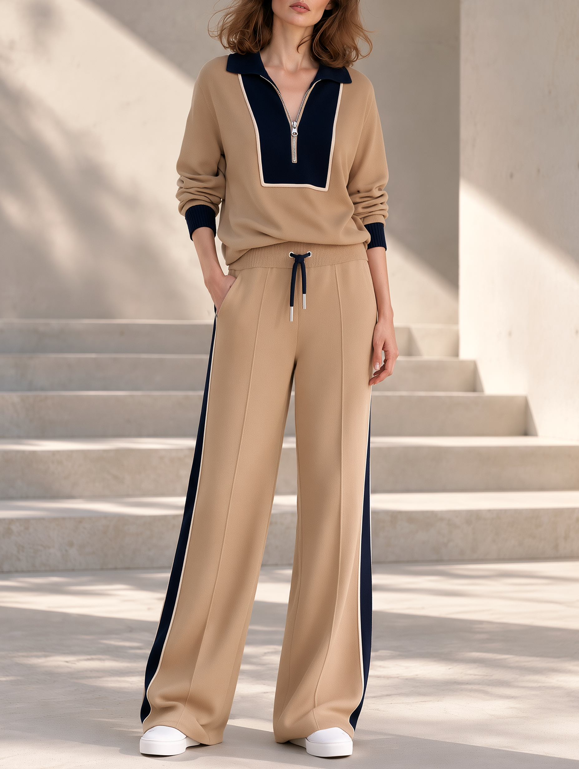 Camel Color-block Half-zip Top And Drawstring Wide-leg Pants Set