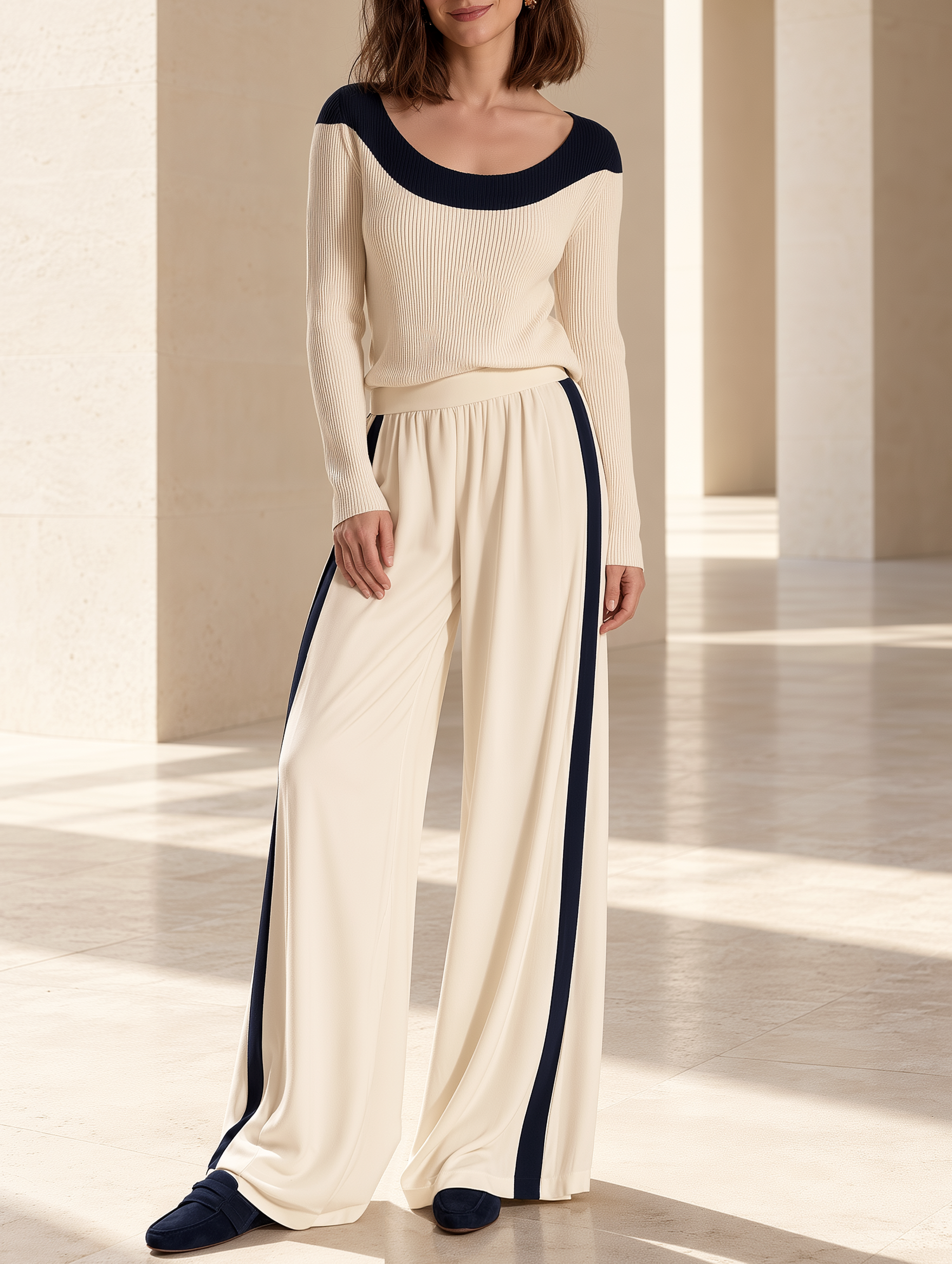 Color-block Off-shoulder Knit Top And Striped Wide-leg Pants Set