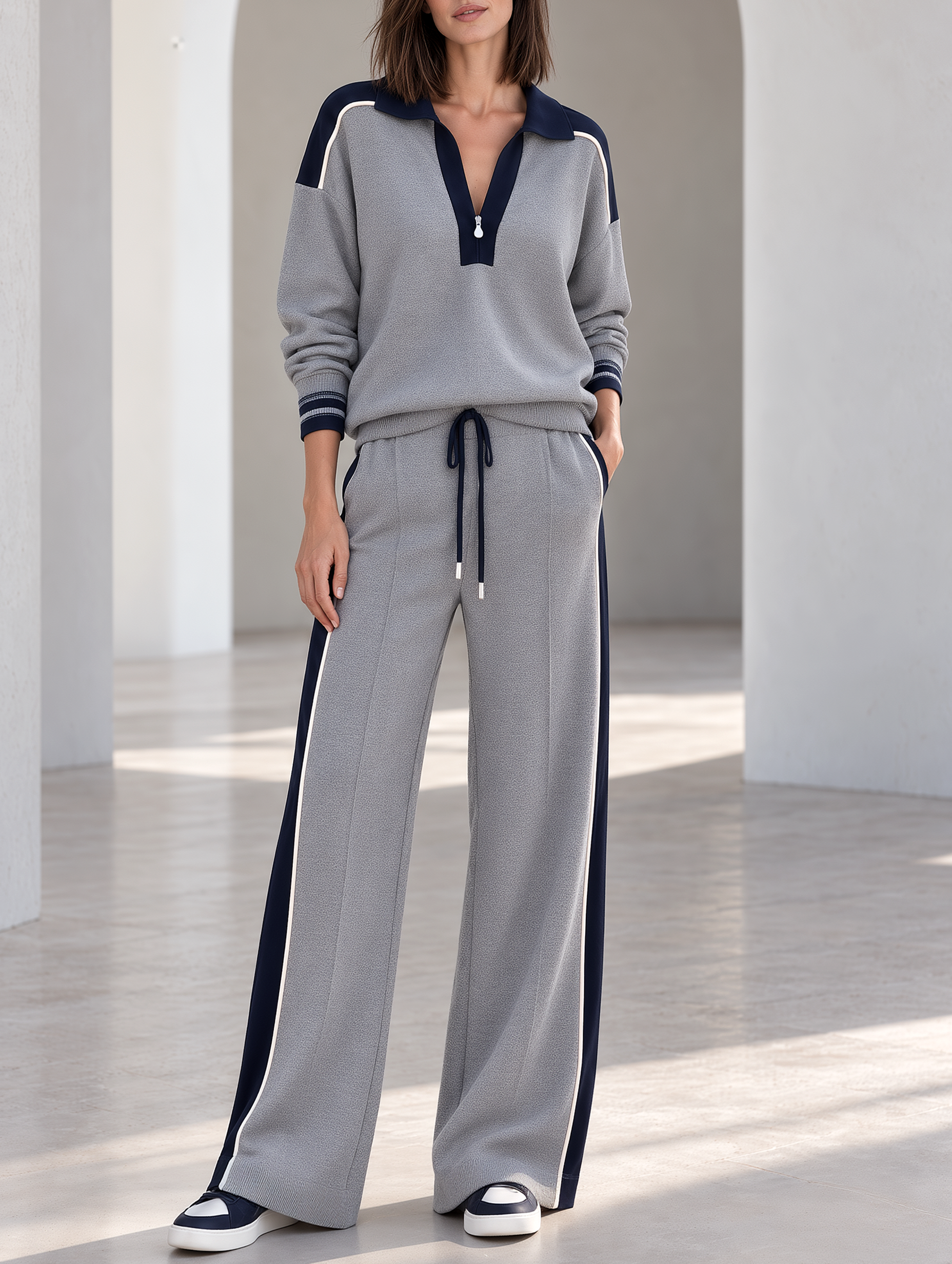 Grey Half-zip Polo-collar Pullover And Drawstring Wide-leg Pants Set