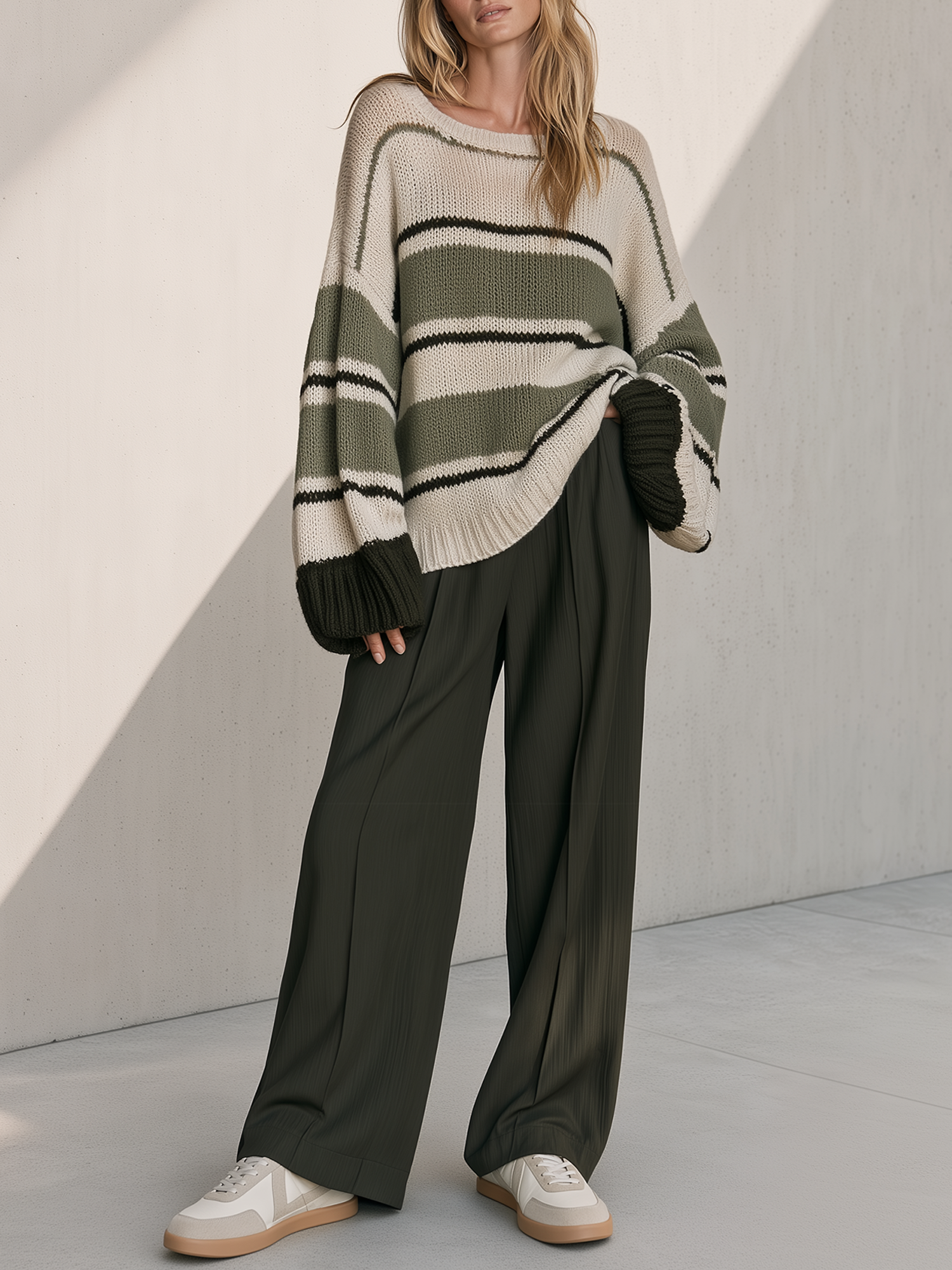 Oversized Color-block Striped Pullover Sweater And Green Trousers Set