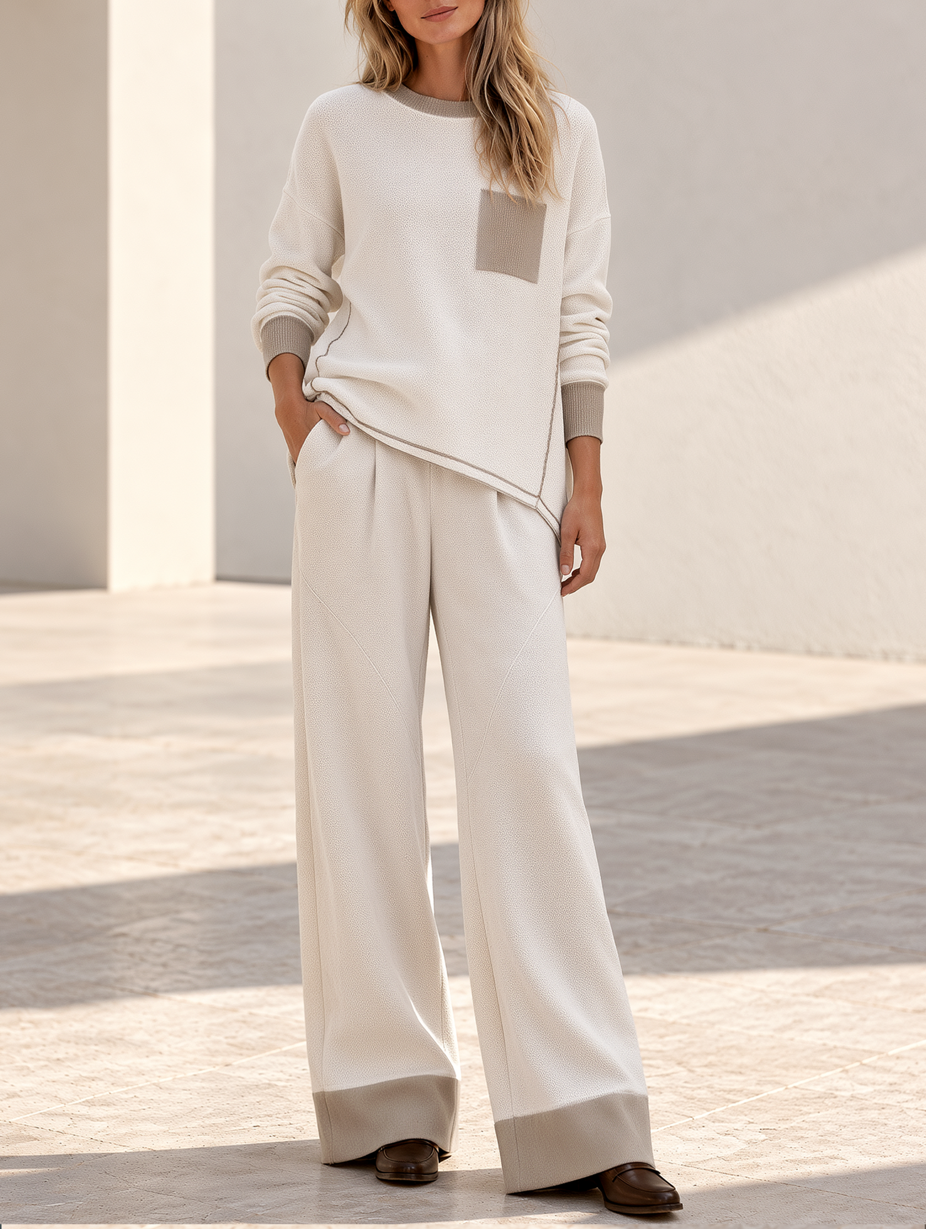 Beige Top With An Asymmetrical Hem And Color-block Trousers Set
