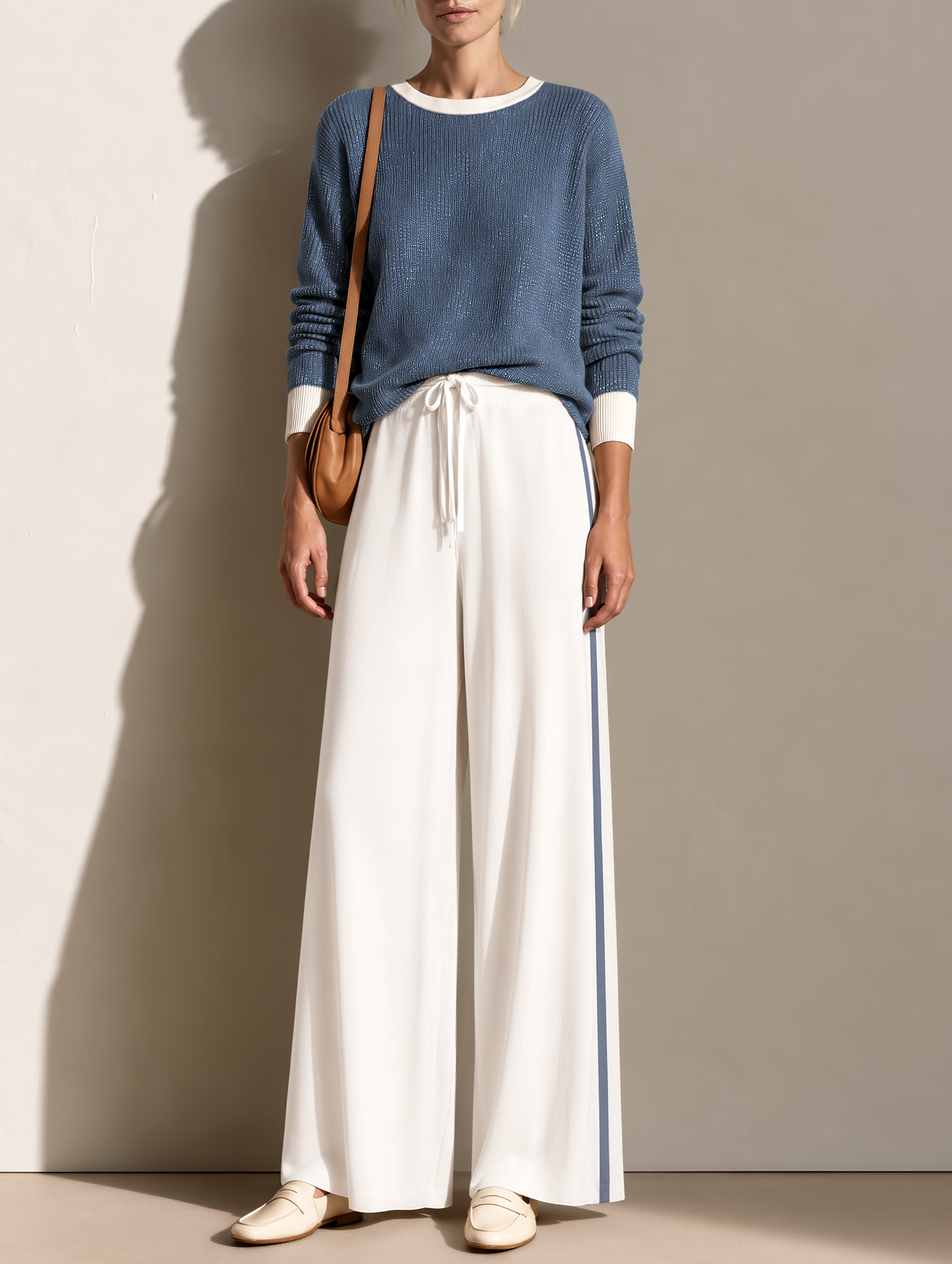 Blue Shimmer Sweater And Drawstring Wide-Leg Pants Set