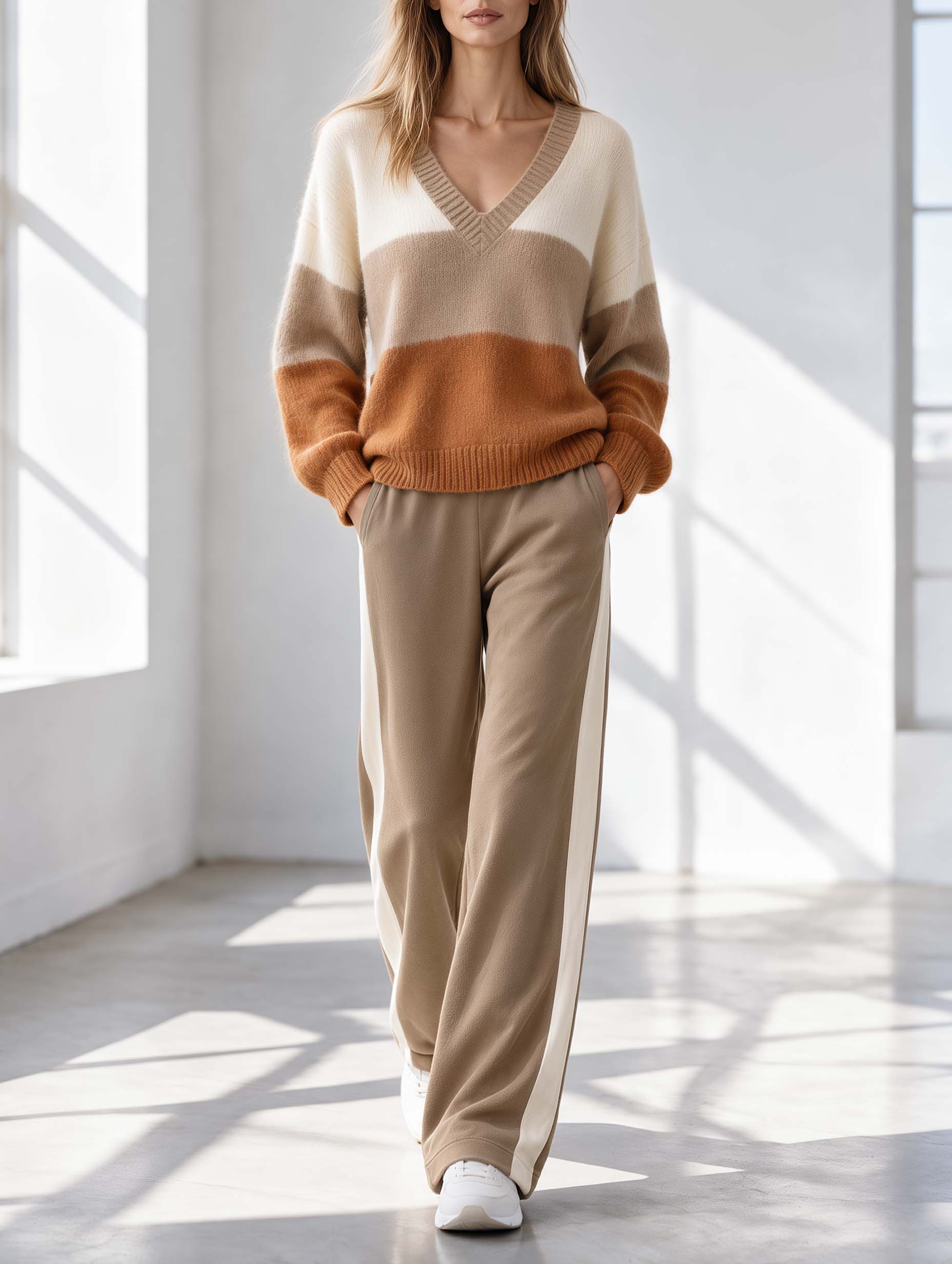 Relaxed-fit Khaki Color-block V-neck Long-sleeve Sweater And Trousers Lounge Set