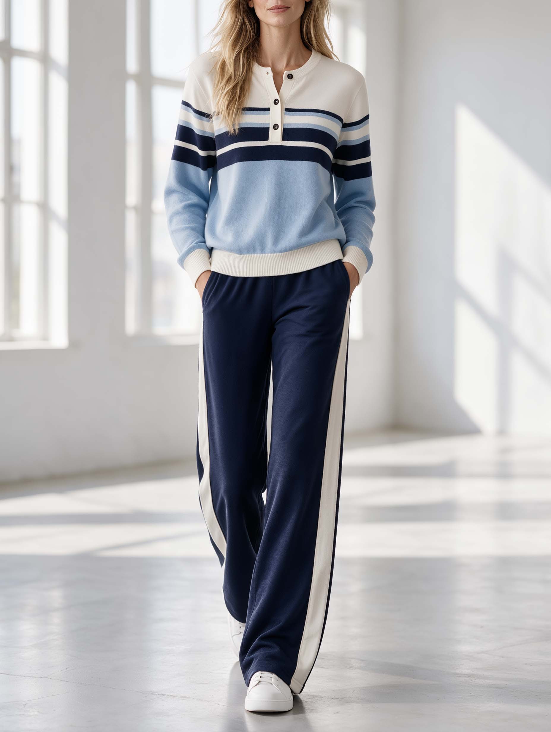 Stylish Blue Color-Block Striped Long-Sleeve Sweater And Navy Color-Block Trousers Set