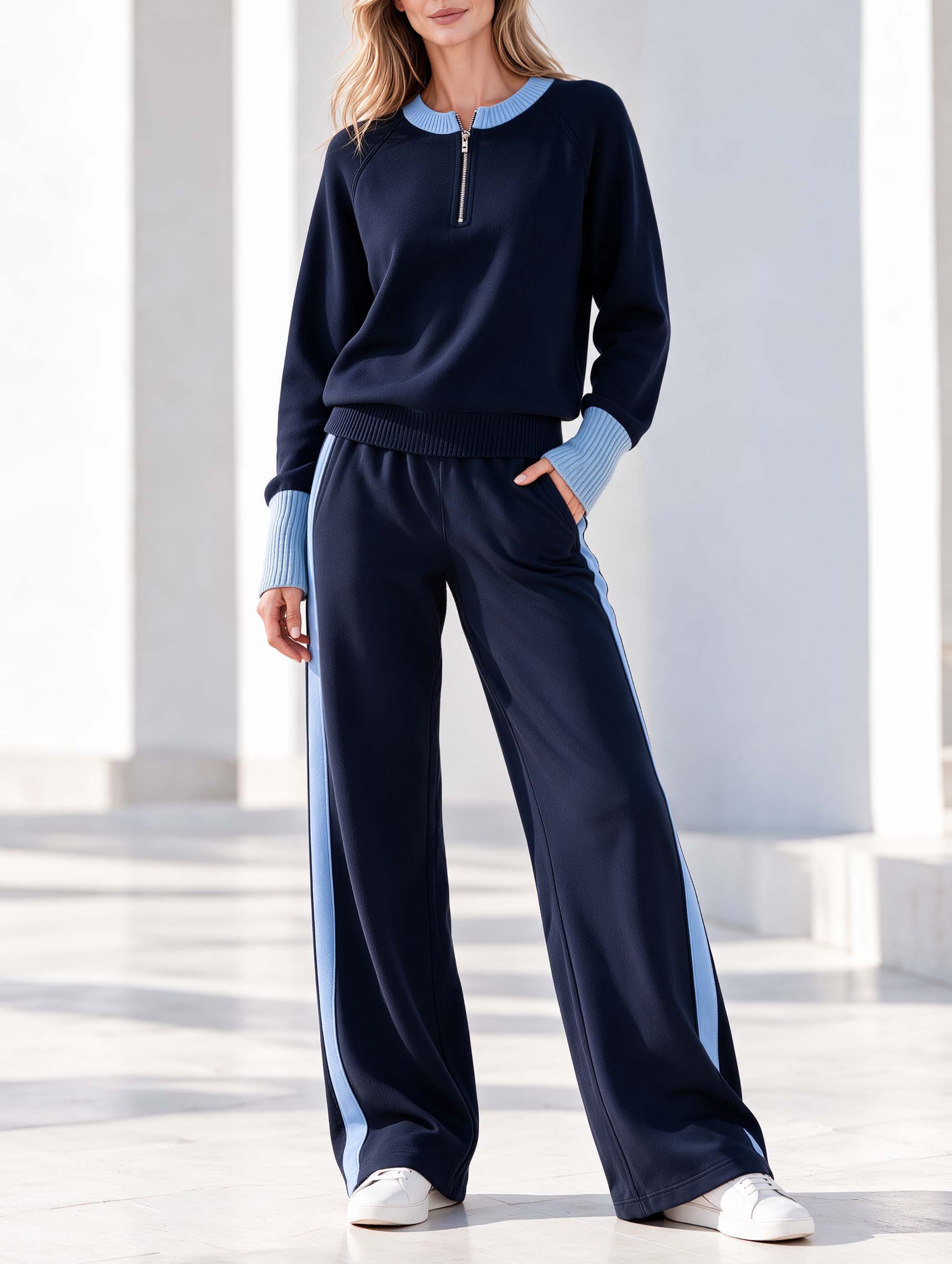 Navy And Light Blue Color-block Long-sleeve Sweater With Half-zip Collar And Wide-leg Trousers Set