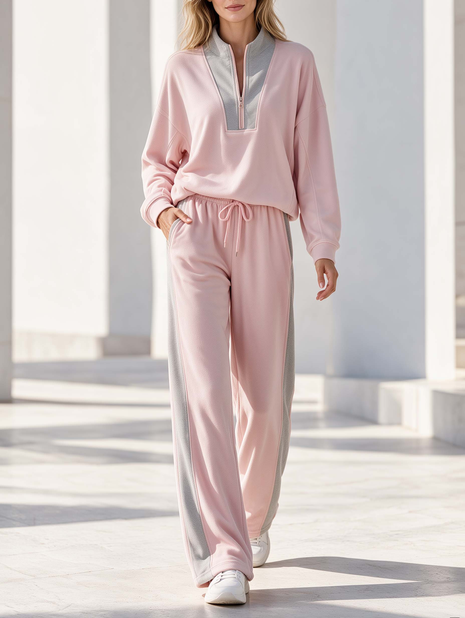Casual-chic Pink And Grey Color-block Half-zip Long-sleeve Top And Pants Set