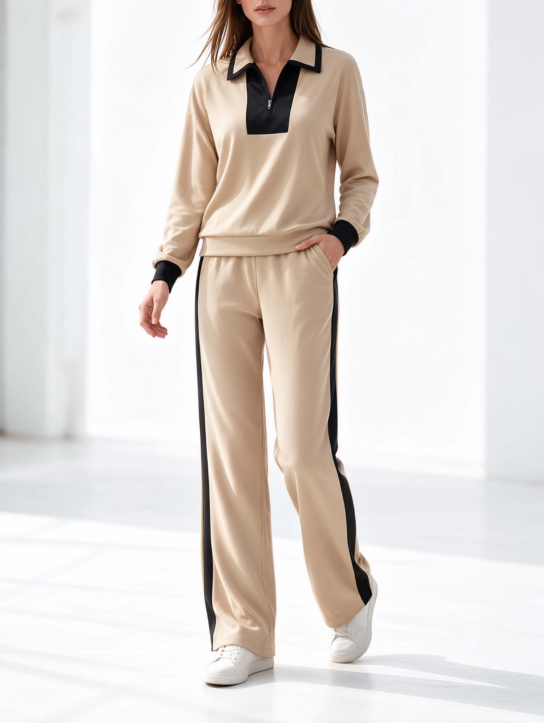 Stylish Casual Khaki & Black Long-Sleeve Set: Half-Zip Collared Top And Trousers
