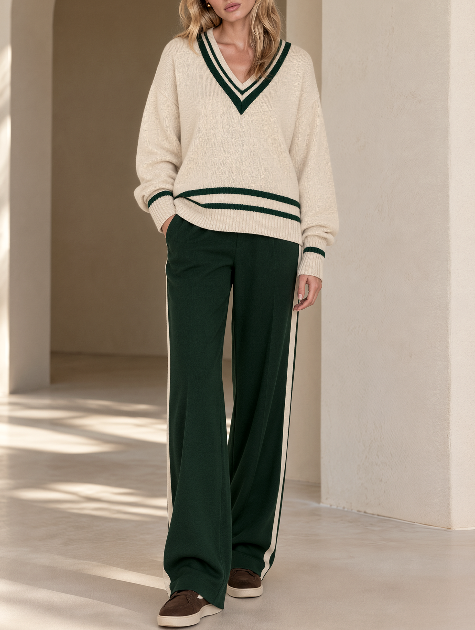 Oversized Off-white Sweater And Dark Green Wide-leg Trousers Set