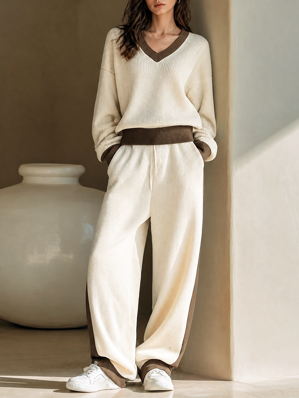 Off-White V-Neck Contrast Trim Long-sleeve Knit Top Wide Leg Pants Two Piece Set