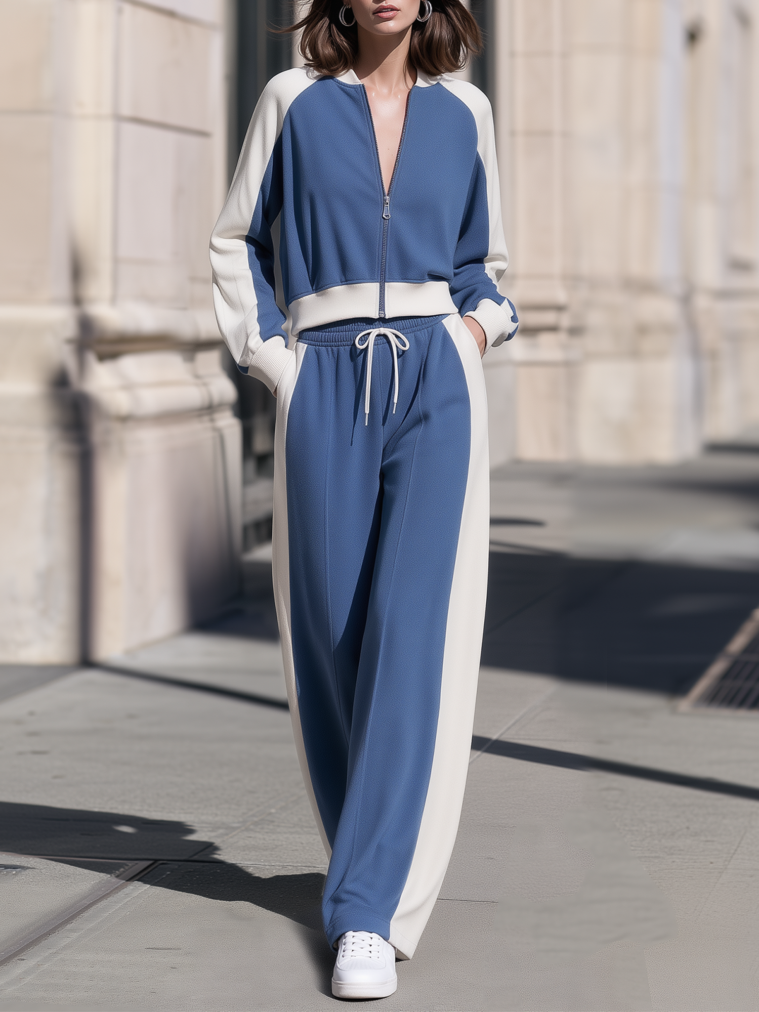 Blue Color Block Cropped Bomber Jacket Wide Leg Sweatpants Set