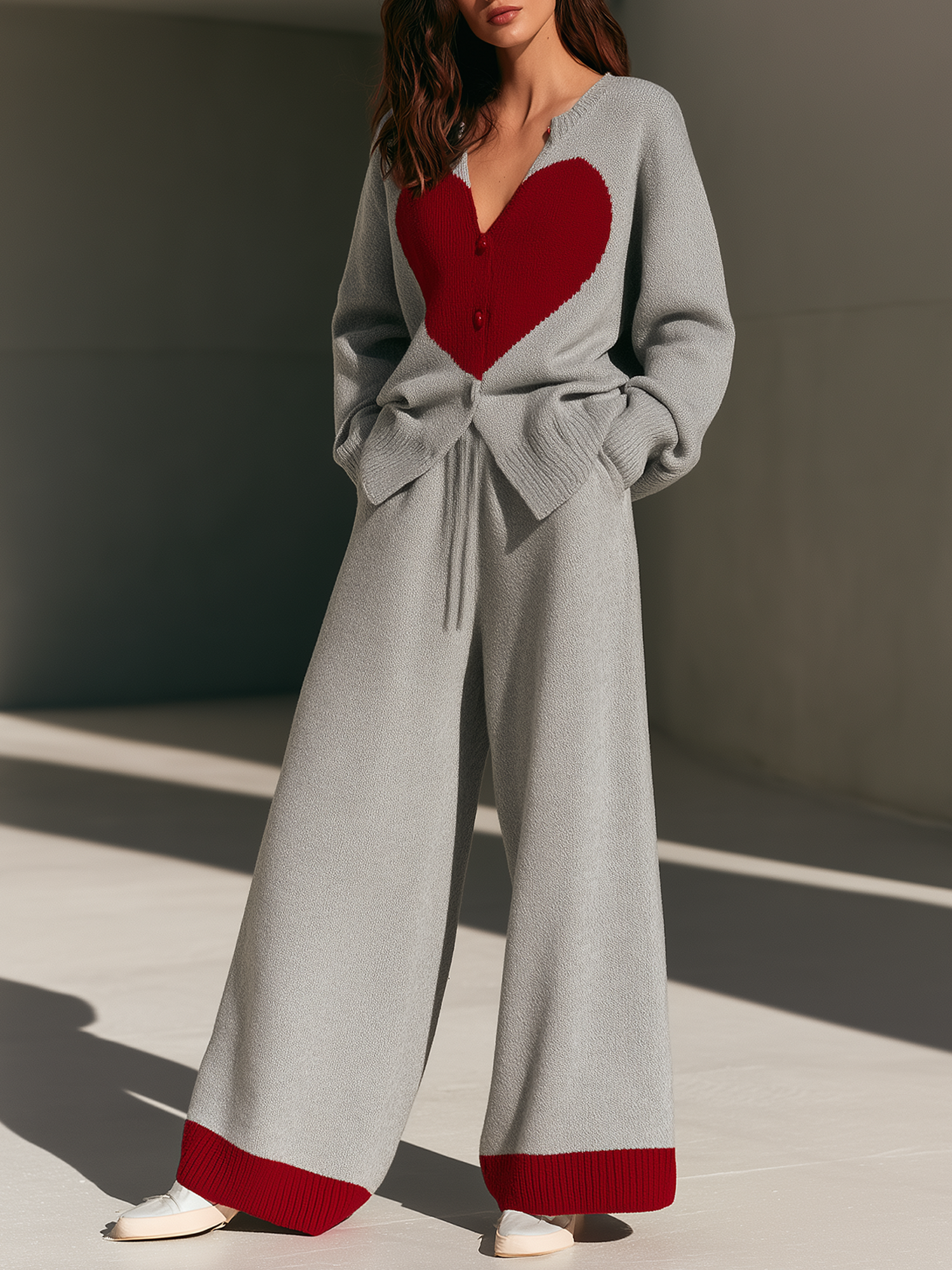 Grey Heart-pattern Jacquard Knit Cardigan And Wide-leg Trousers Two-piece Set
