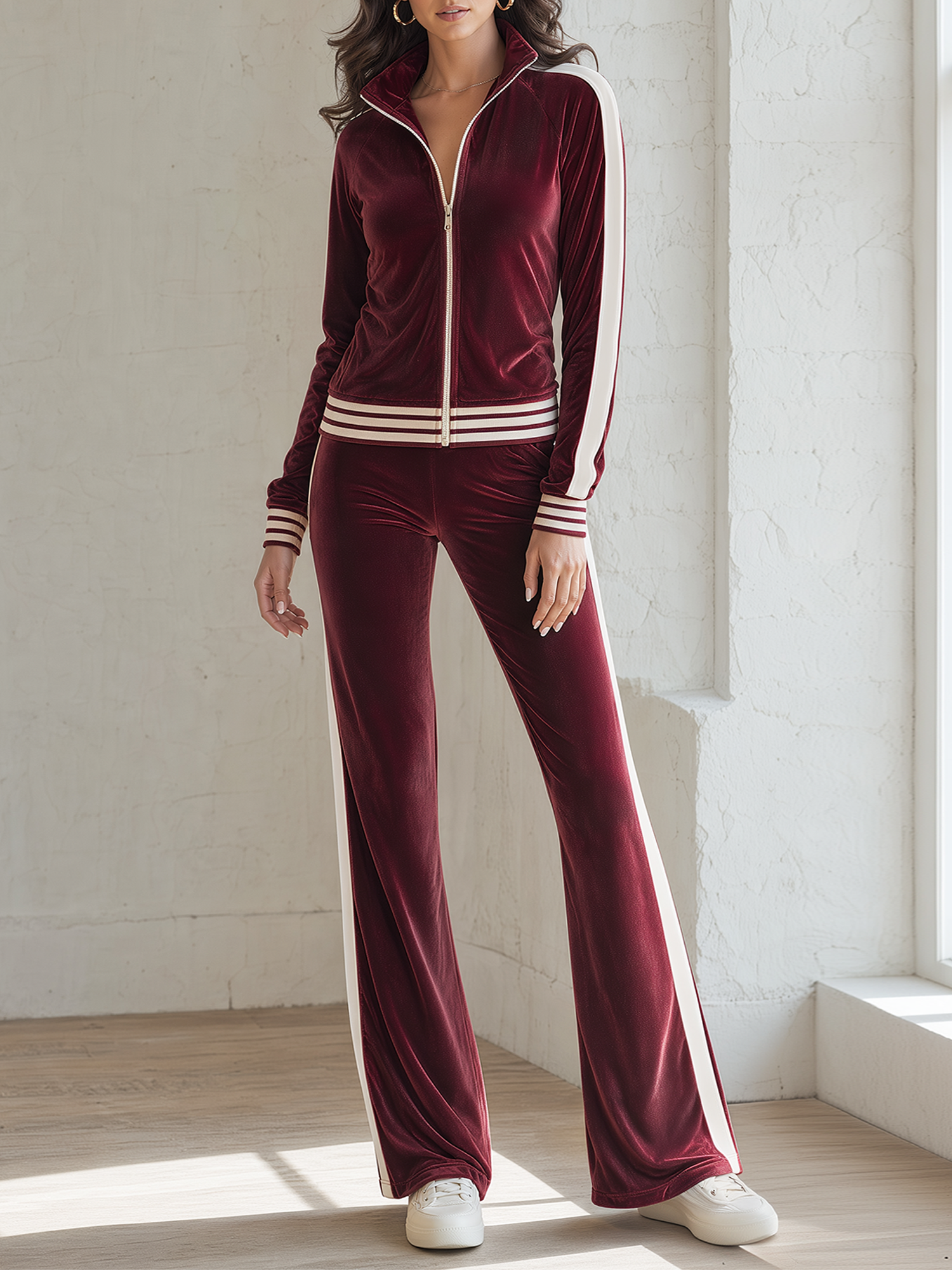 Burgundy Velvet Zip Jacket Flare Pants Matching Set