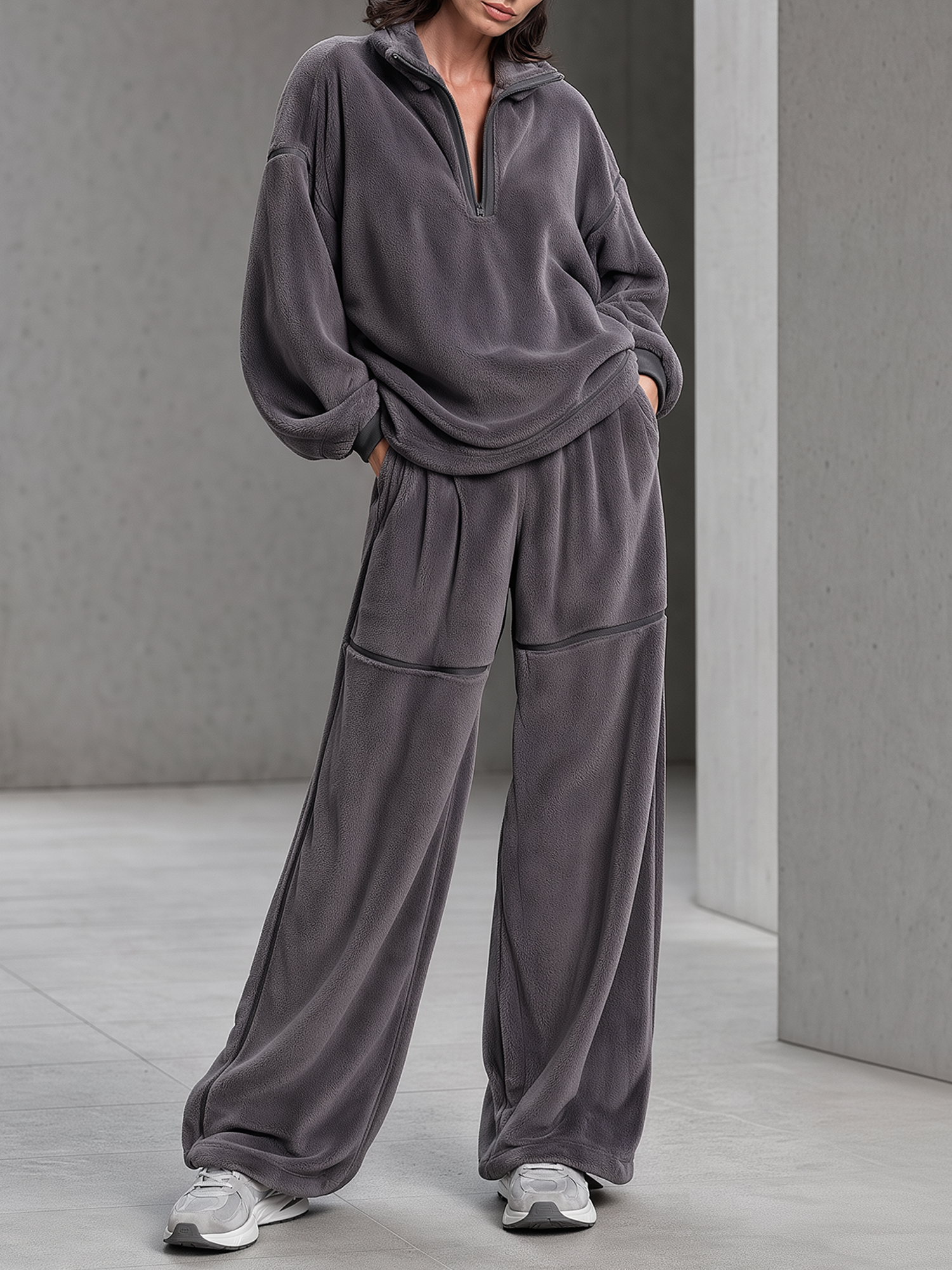 Thick Grey-purple Fleece Half-zip Top And Wide-leg Pants Set