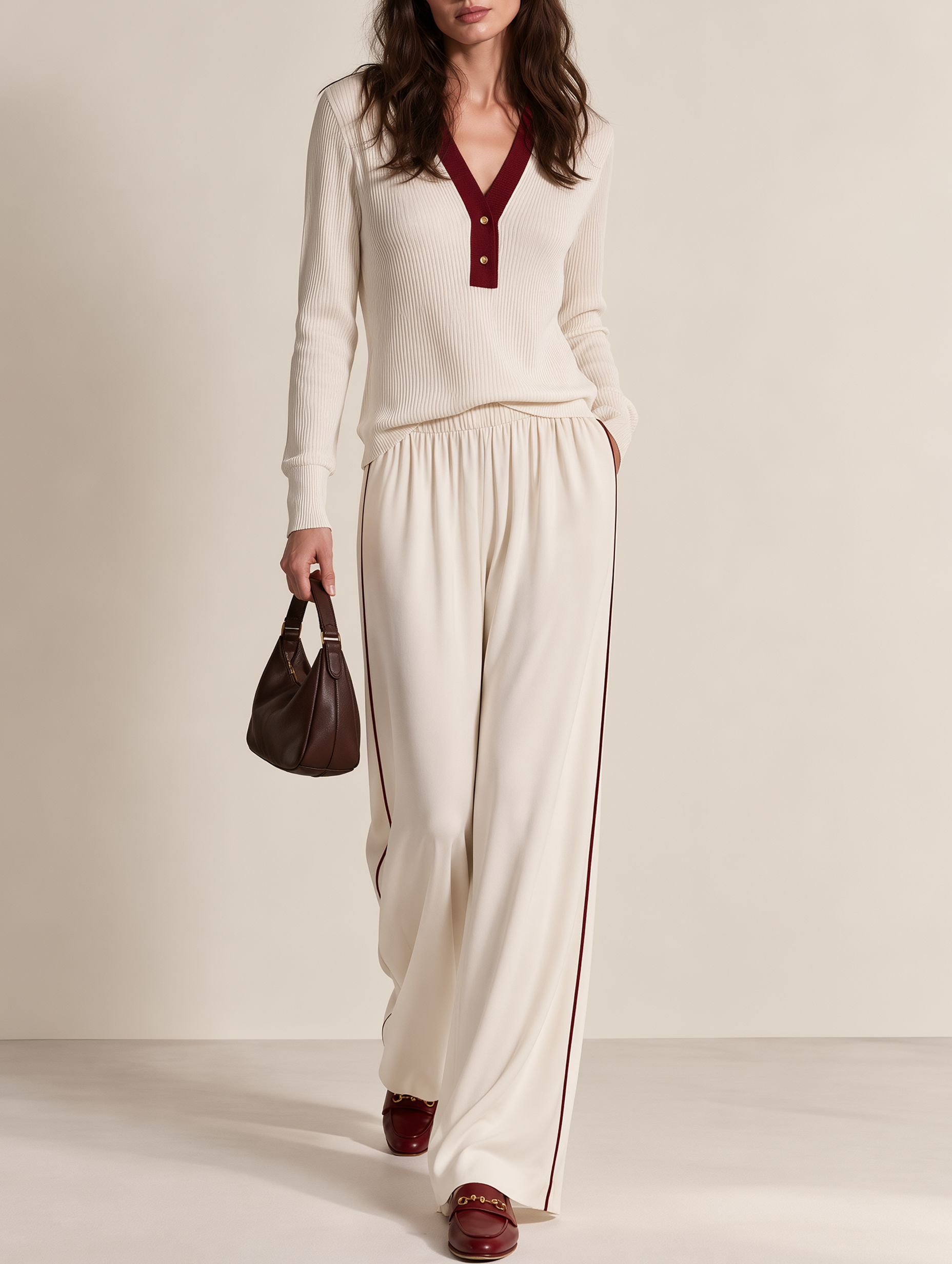 Off-white And Burgundy Color-block Sweater And Wide-leg Trousers Set