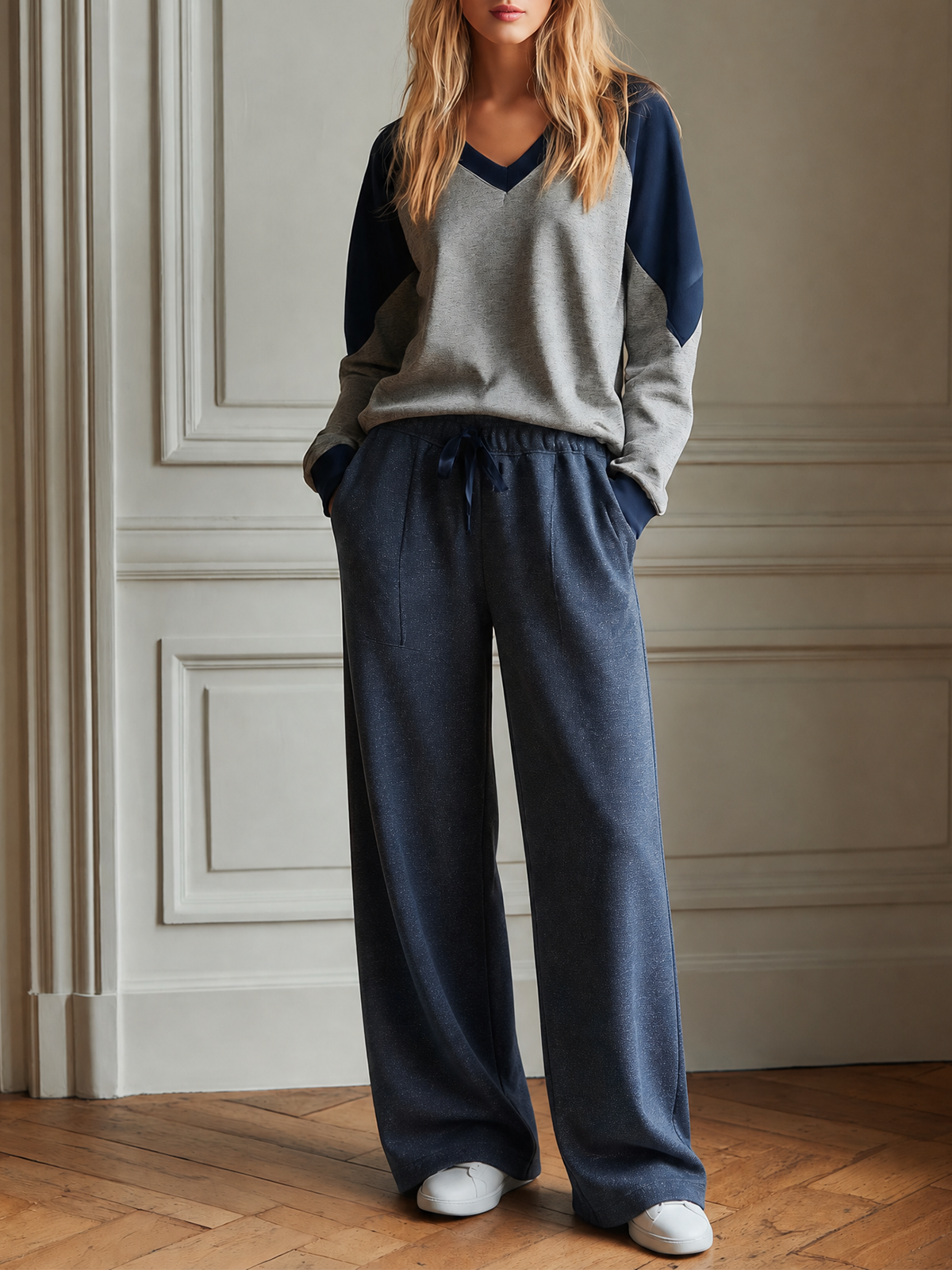 Navy Blue-Grey Color-block V-Neck Long-sleeve Sweatshirt Wide Leg Pants Two Piece Set
