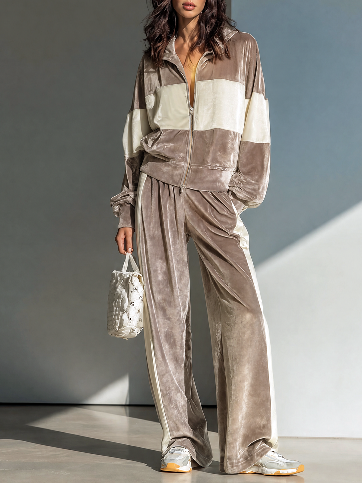 Light Taupe-White Color-block Velvet Stand Collar Zip Up Jacket Wide Leg Pants Two Piece Set