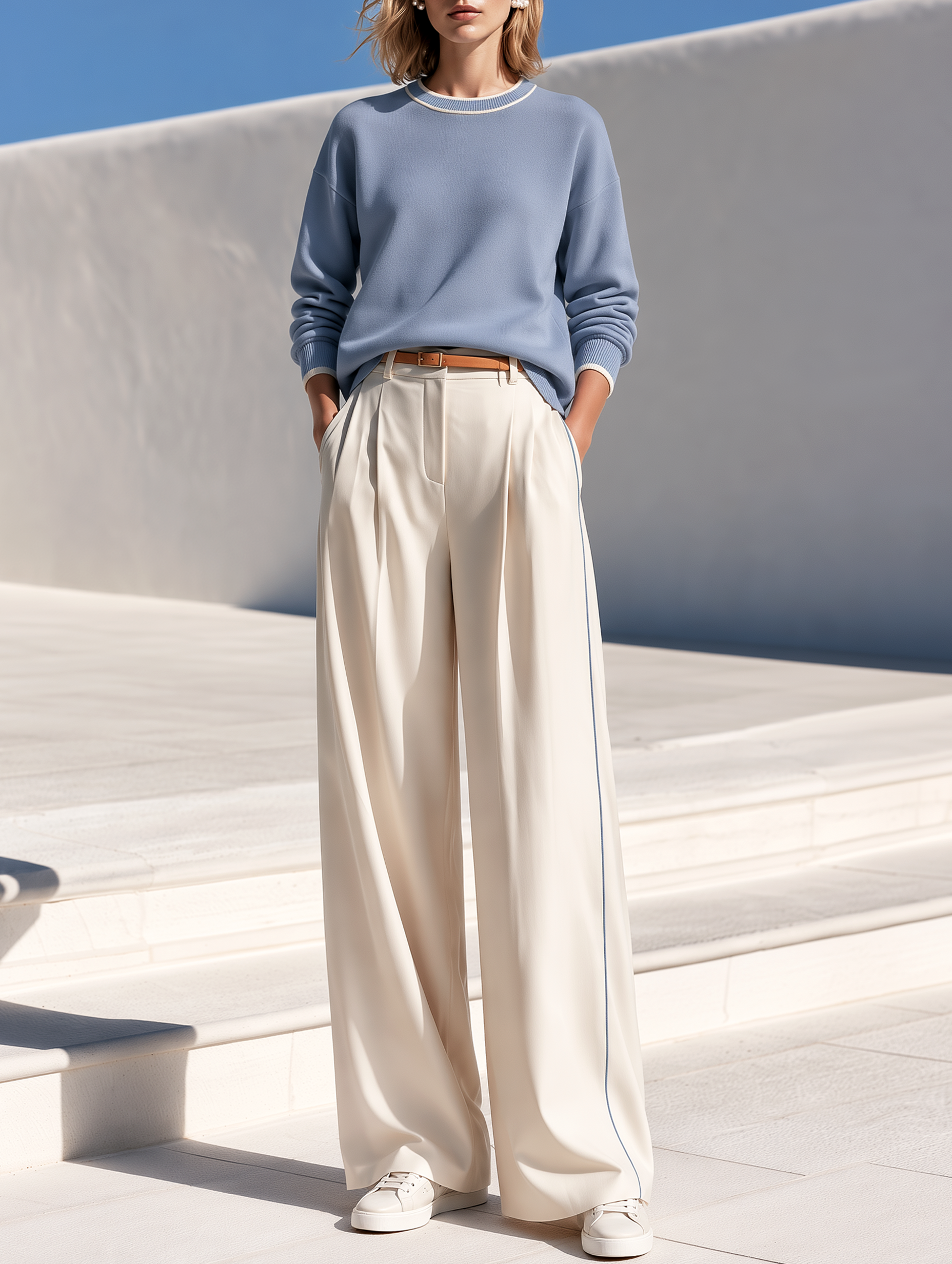 Light Blue Oversized Sweatshirt And Off-white Wide-leg Trousers Set
