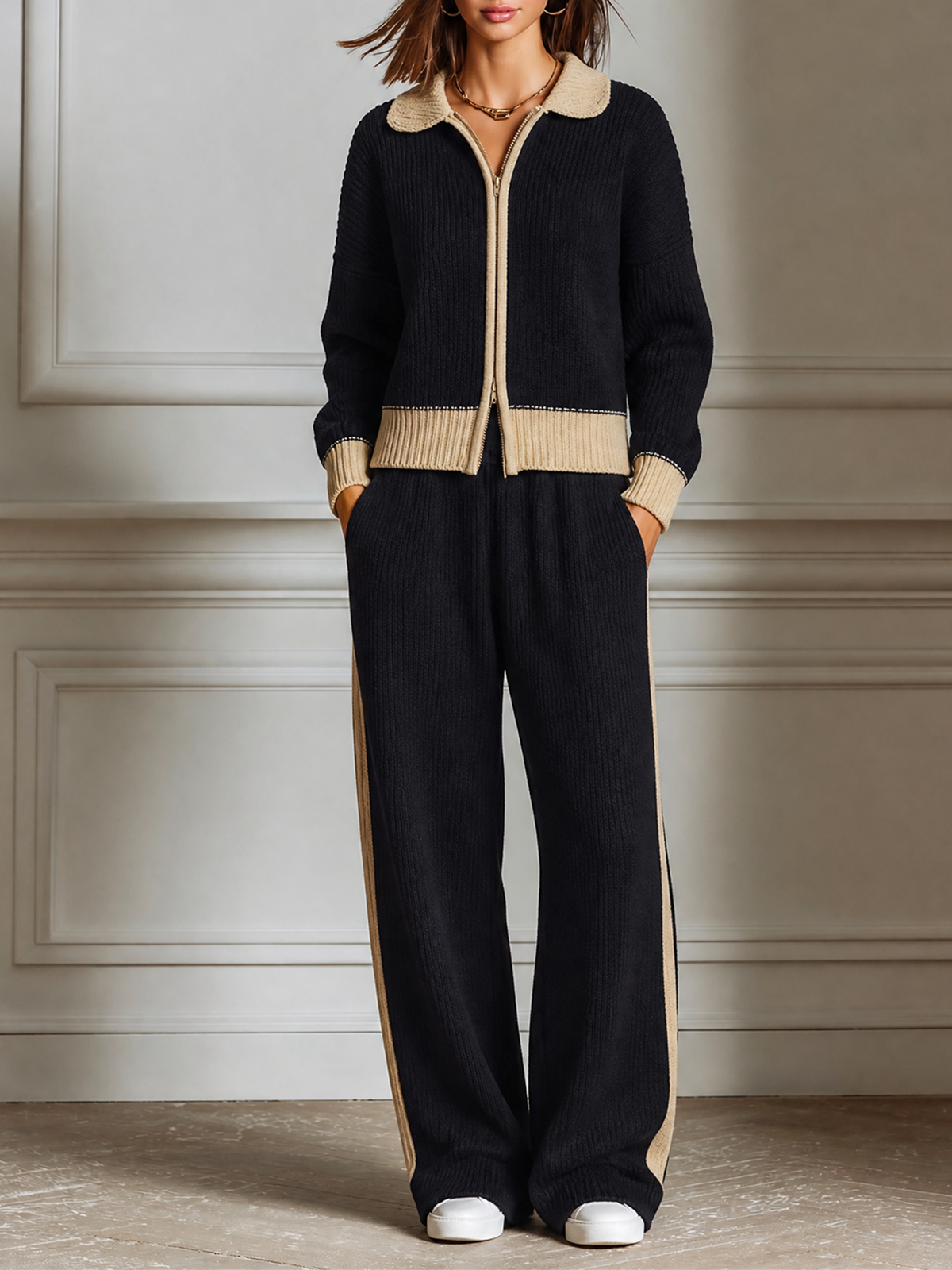 Black-Beige Collared Zip Long-sleeve Cardigan Wide Leg Pants Knit Two Piece Set