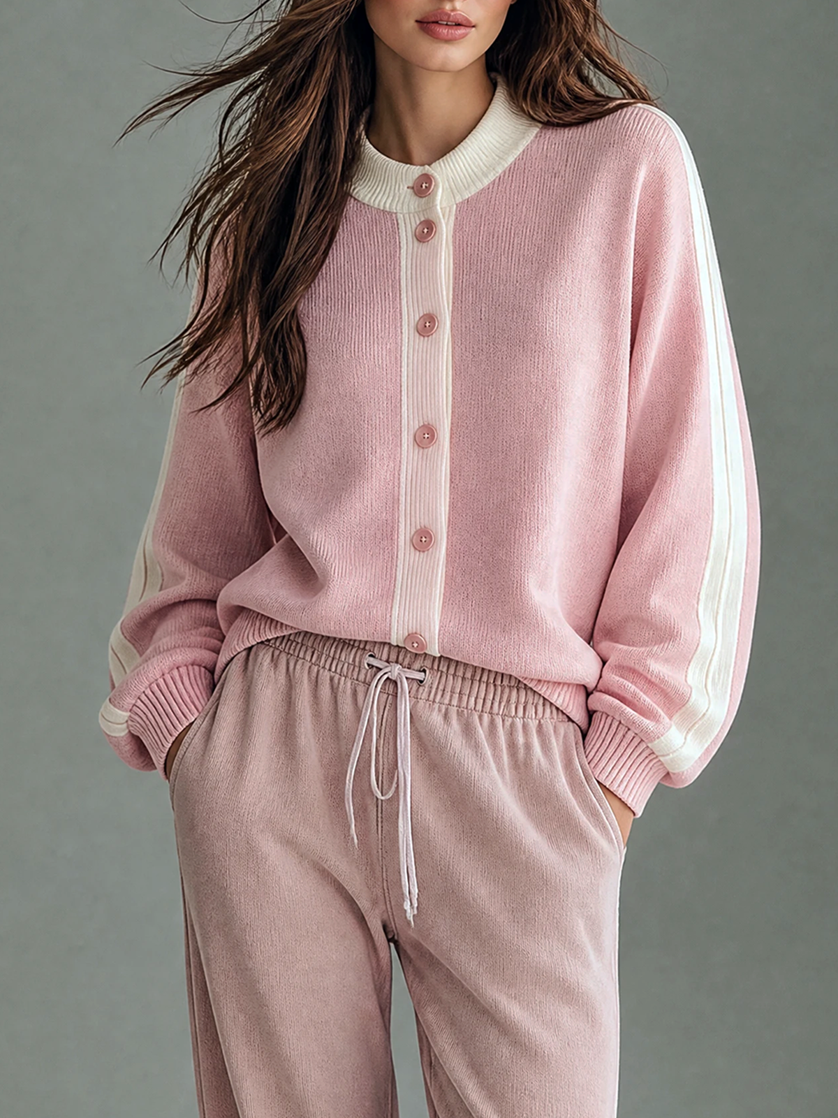 Pink-White Color-block Single-Breasted Long-Sleeve Loose-Fit Knit Sweater