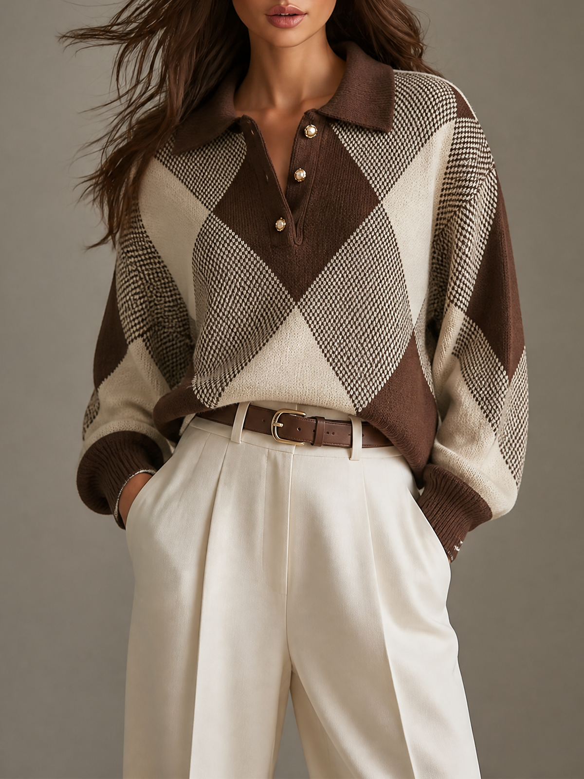 Brown Polo Collar Argyle Jacquard Half Button Long-Sleeve Loose-Fit Knit Sweater