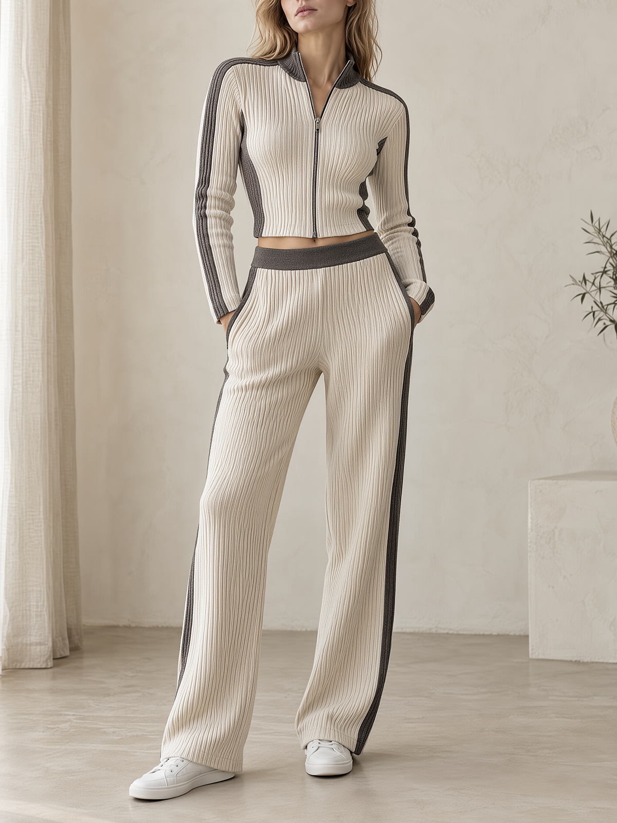Cream Color-block Ribbed Zip-up Crop Top And Wide-leg Pants Set