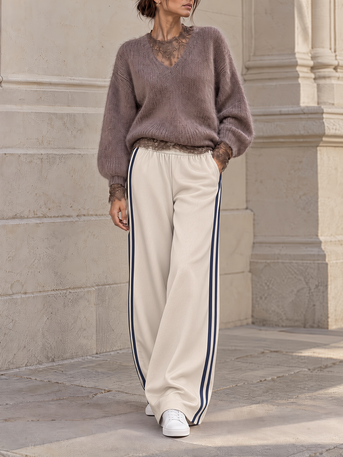 Mauve Lace Layered Mohair Sweater And Side-stripe Wide-leg Pants Set