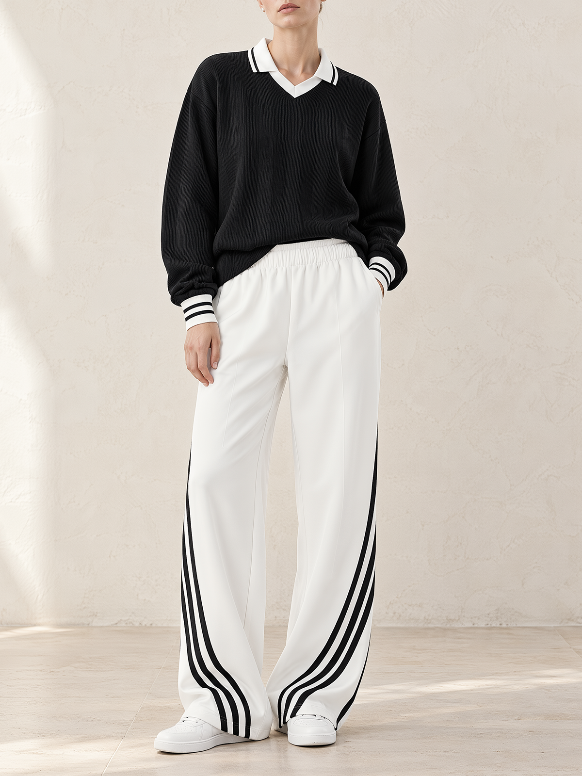 Black Knit Polo Sweater And White Striped Wide-leg Pants Set