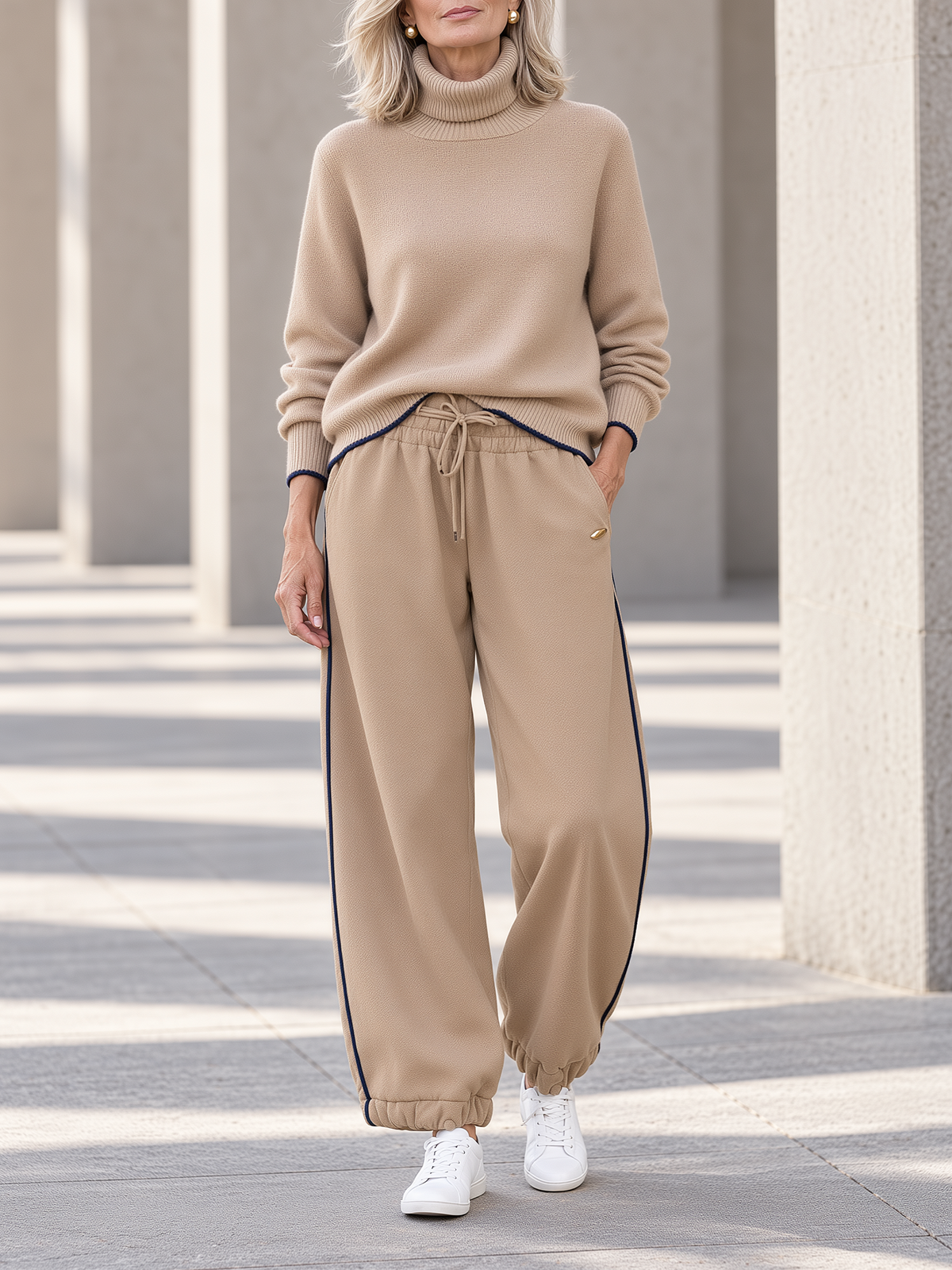 Camel Turtleneck Sweater And Piped Jogger Pants Set