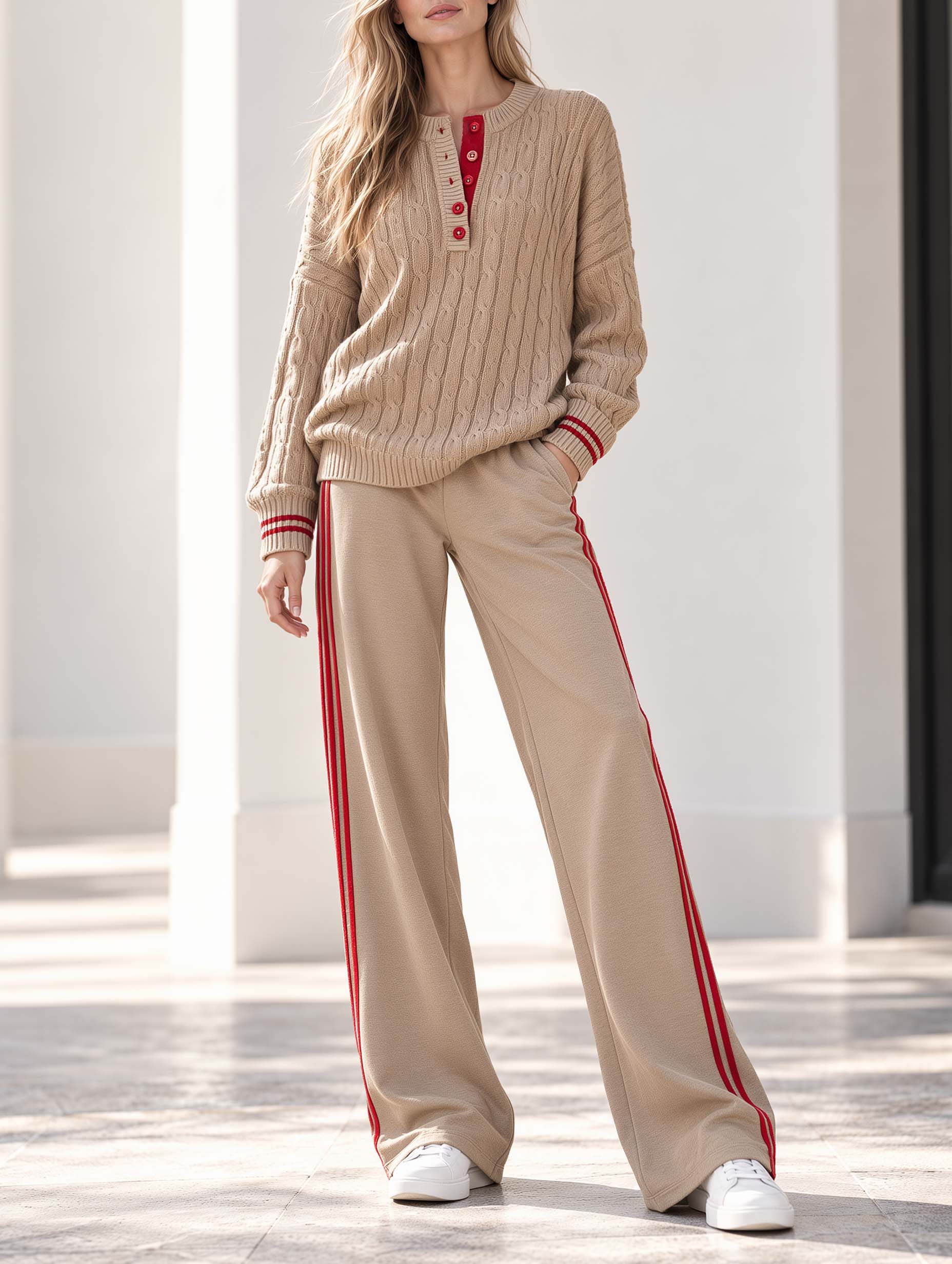Classic Chic Khaki And Red Color-block Cable-knit Long-sleeve Sweater And Trousers Set
