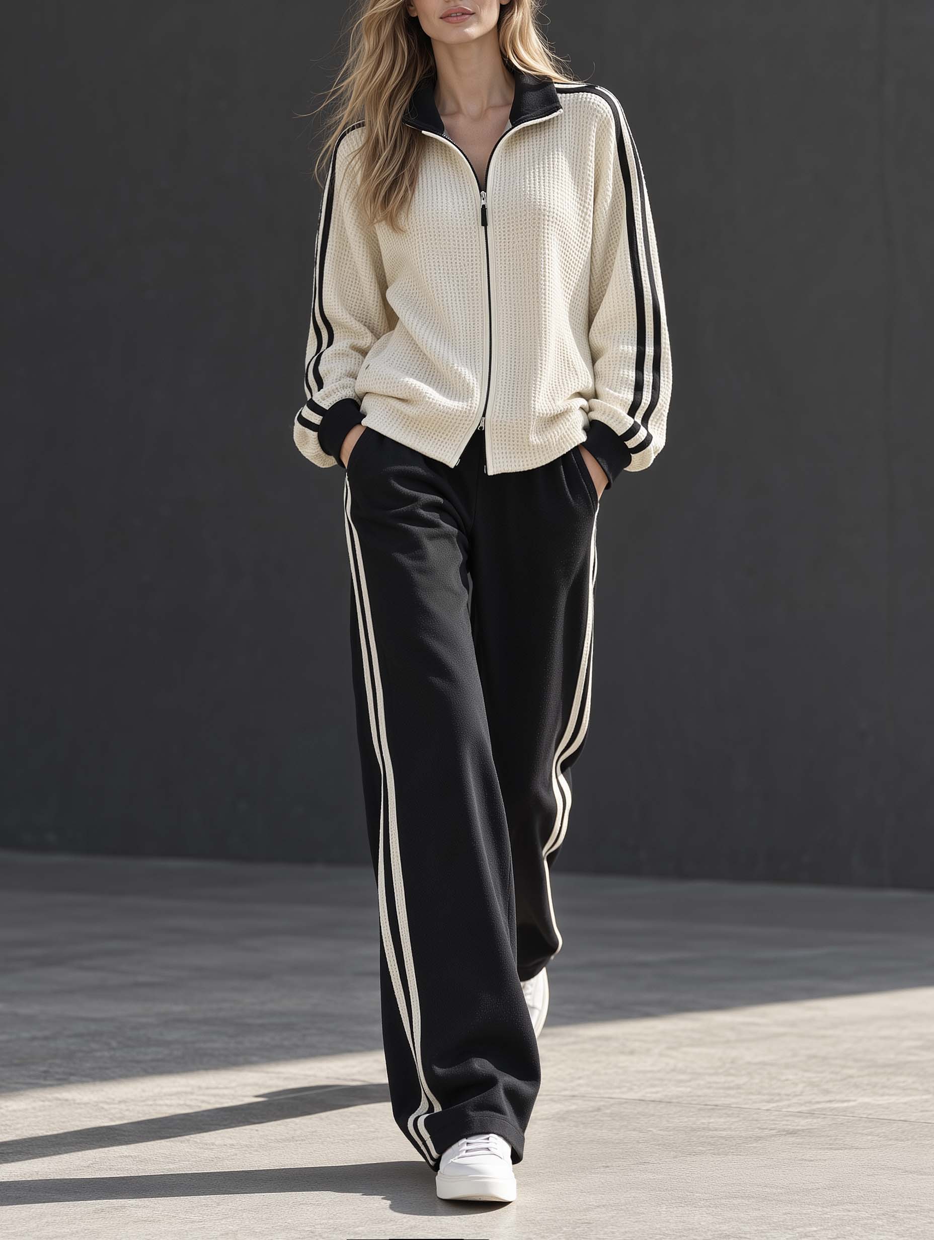 Athleisure-style Waffle-knit Long-sleeve Jacket And Pants Set In A Cream And Black Color-block Design