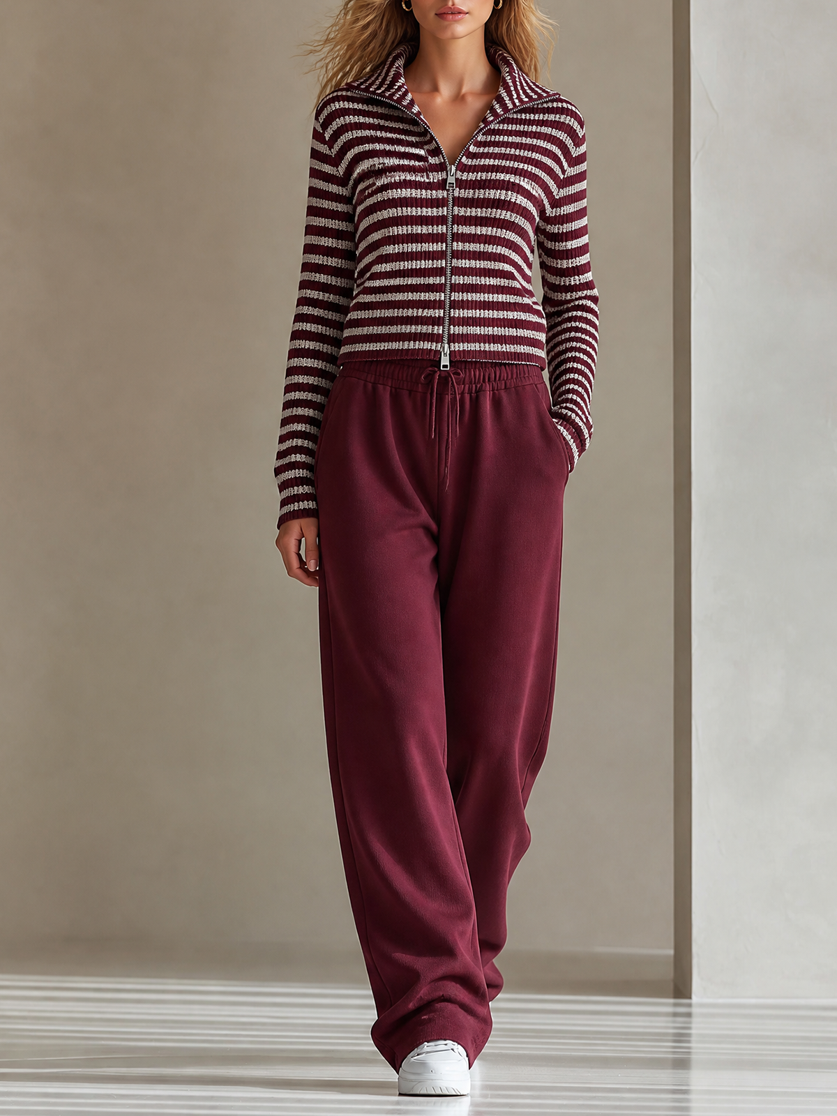 Burgundy Stand Collar Striped Full Zip Long-sleeve Knit Cardigan Wide Leg Pants Two Piece Set