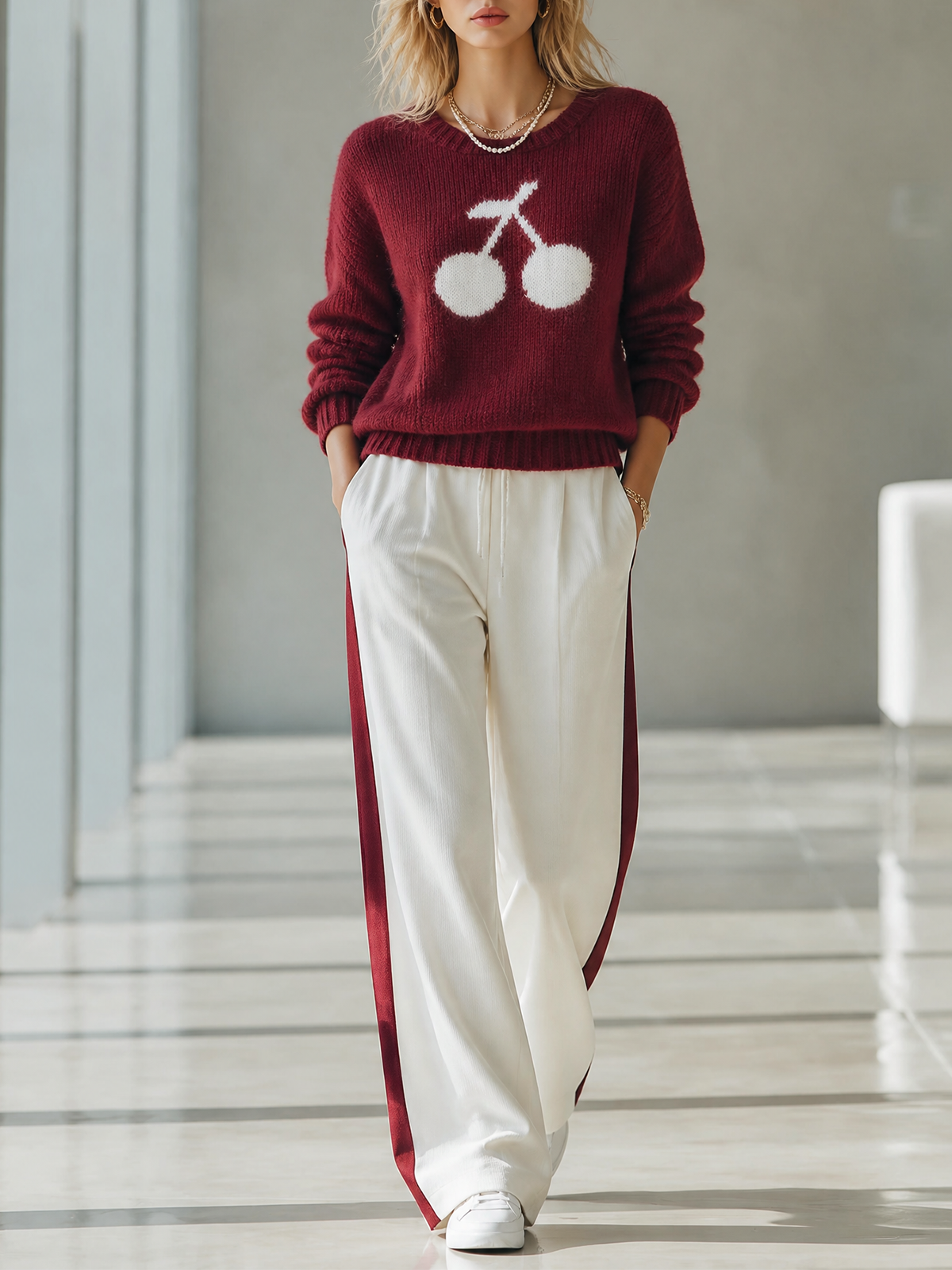 Burgundy Cherry Jacquard Long-sleeve Knit Sweater Wide Leg Pants Two Piece Set