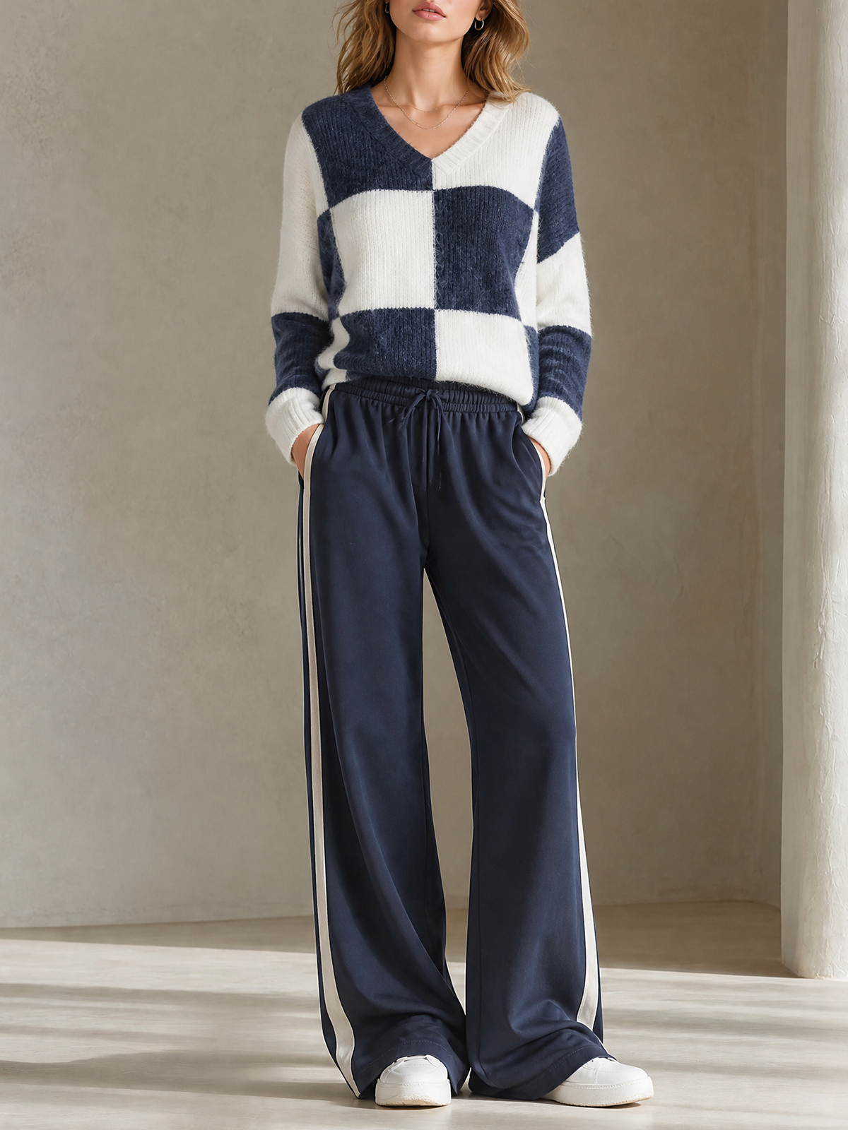 Navy Blue-White Large Check Color Block V-Neck Knit Sweater Wide Leg Pants Two Piece Set