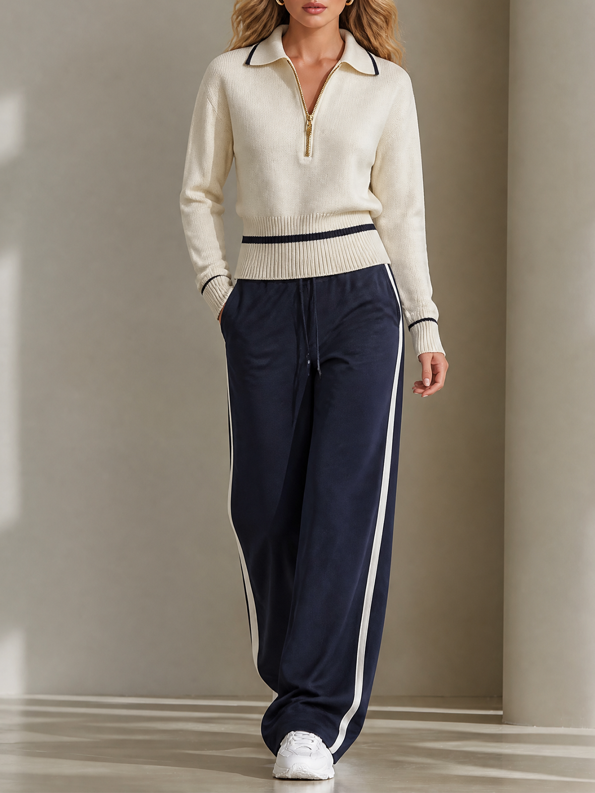 Off White Lapel Half-Zip Contrast Trim Knit Sweater Navy Wide Leg Pants Two Piece Set