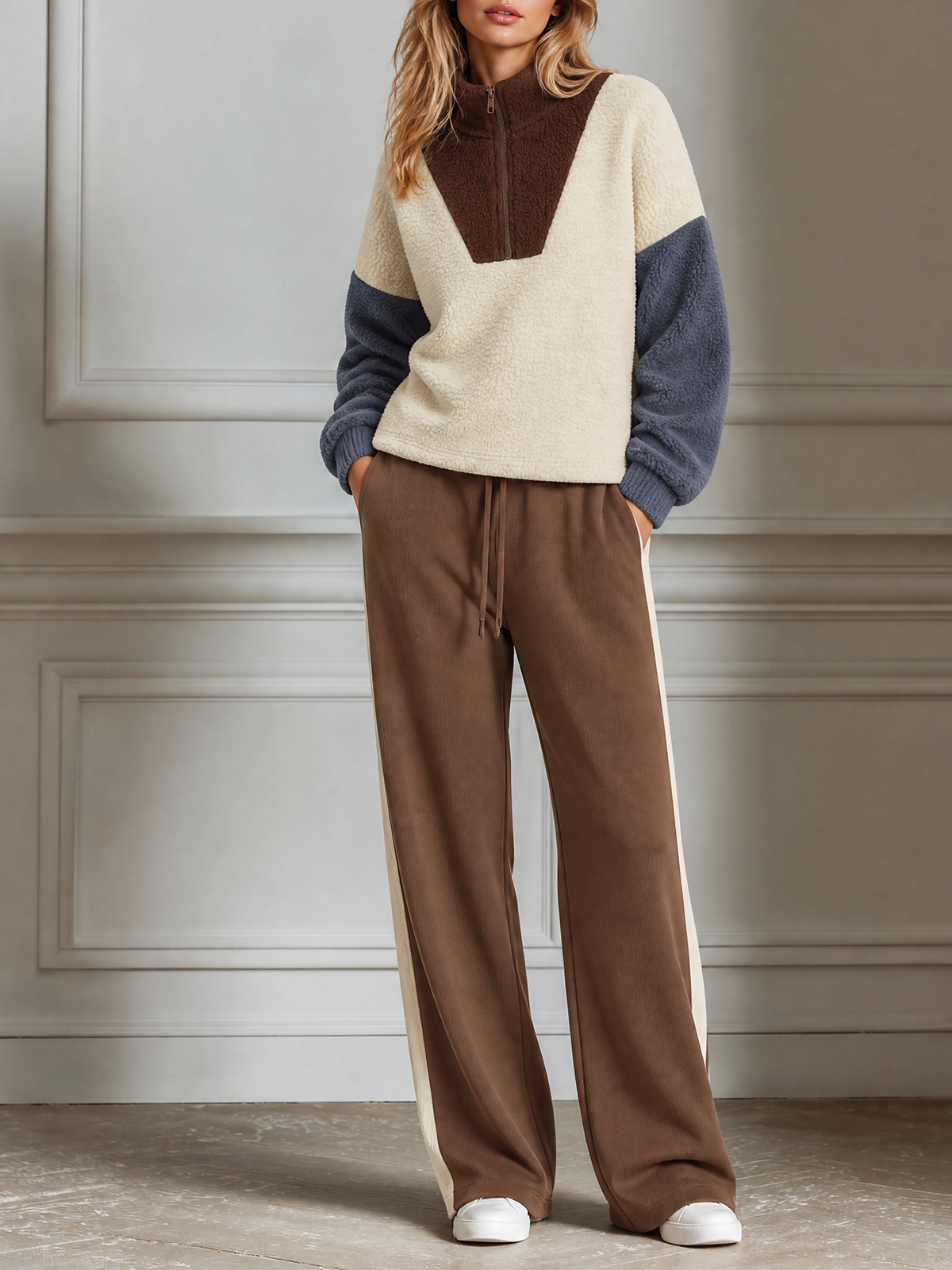 Cream-Brown Color-block Sherpa Mock Neck Half-Zip Sweatshirt Wide Leg Pants Two Piece Set