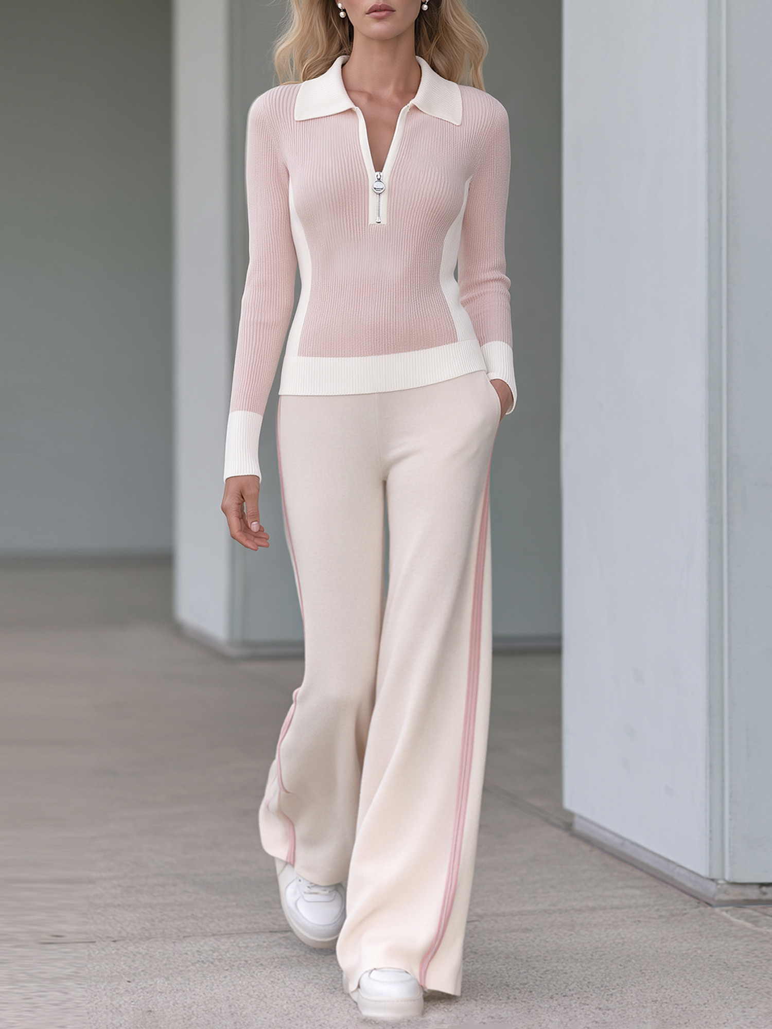 Pink White Color Block Polo Knit Top Wide Leg Pants Outfit