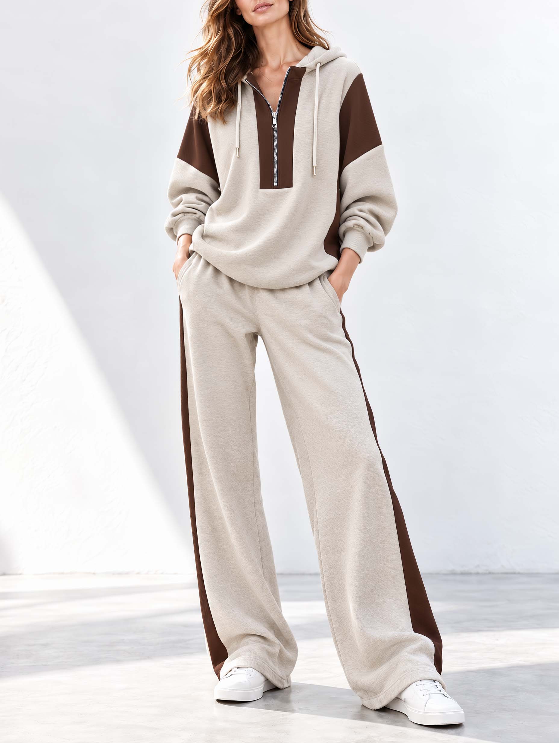 Oatmeal And Brown Color-block Long-sleeve Half-zip Hoodie And Wide-leg Pants Stylish Matching Set