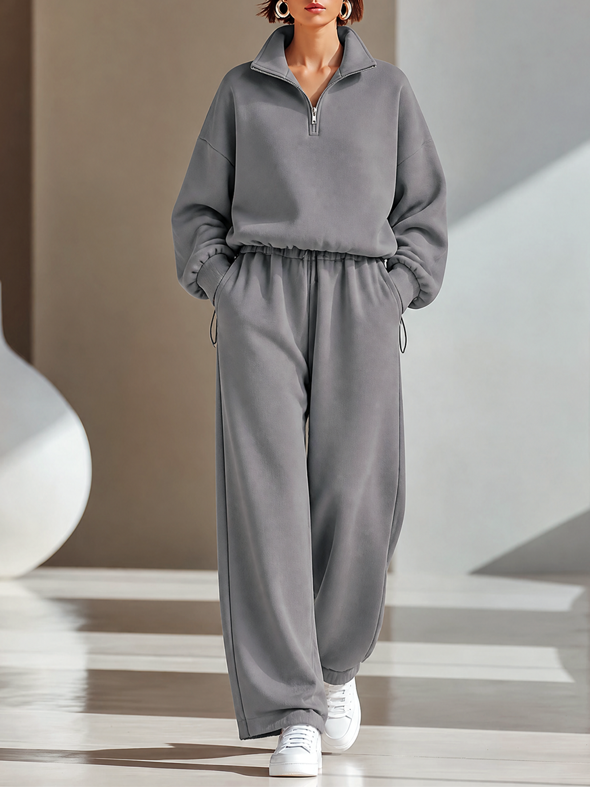 Grey Stand Collar Half-Zip Long-sleeve Sweatshirt Wide Leg Pants Two Piece Set