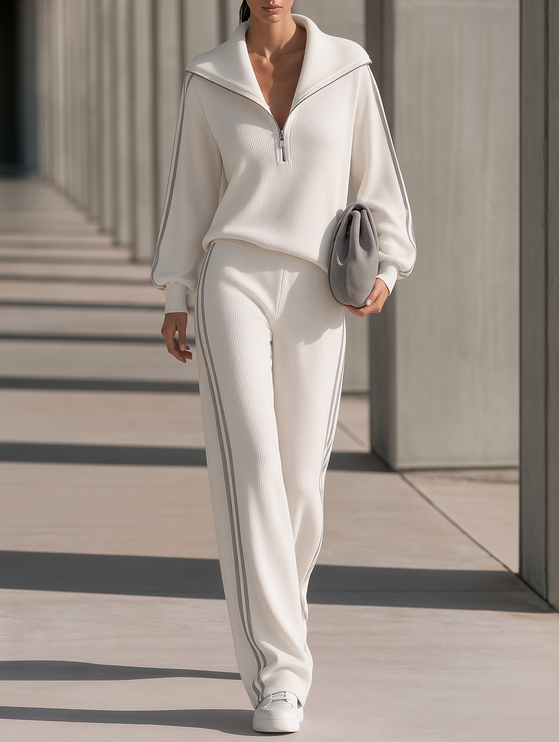 Ribbed Knit Top With Half-zip And Oversized Collar & Wide-leg Pants Set
