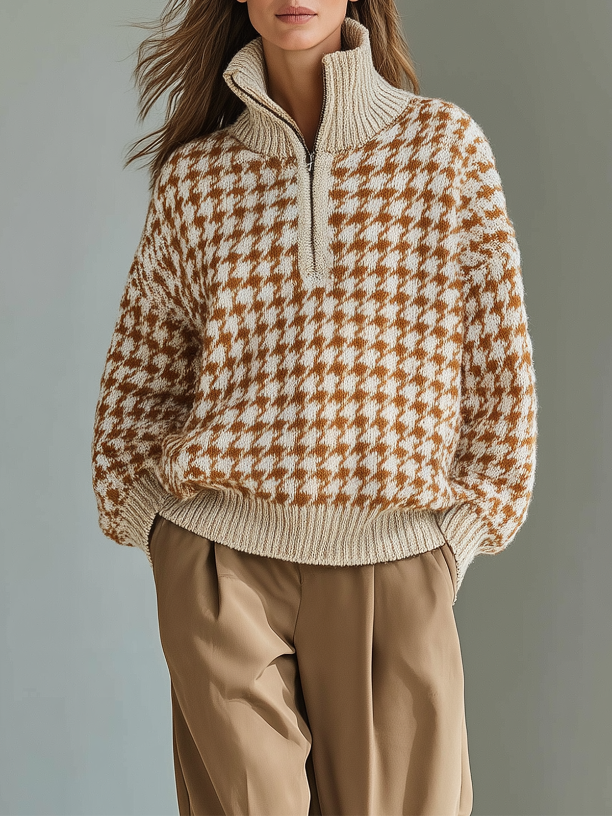 Off White-Brown Half-Zip Houndstooth Jacquard Long-Sleeve Loose-Fit Knit Sweater