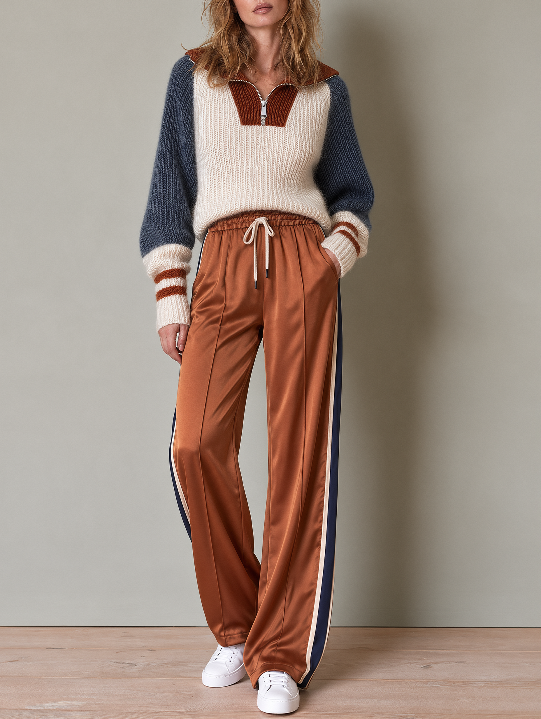 Color-block Lapel Sweater And Satin Wide-leg Trousers Set