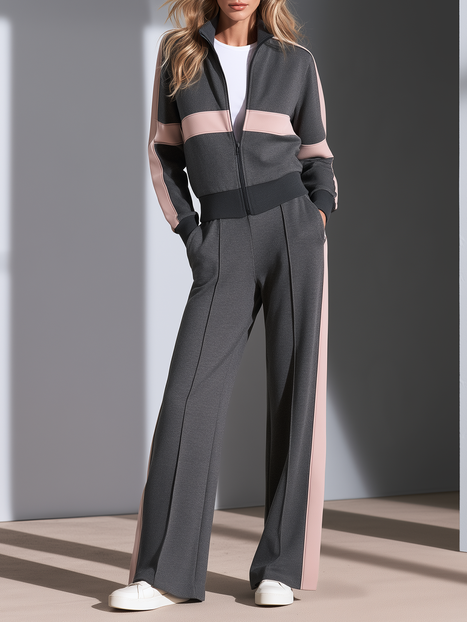 Grey Pink Color Block Cropped Zip Jacket Wide Leg Pants Set